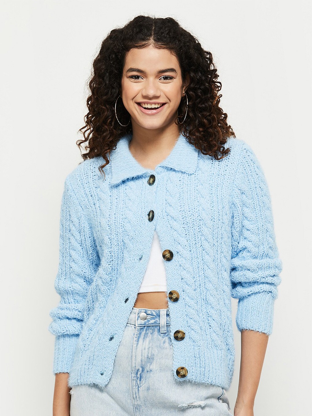 

max Women Blue Self Design Cable Knit Cardigan