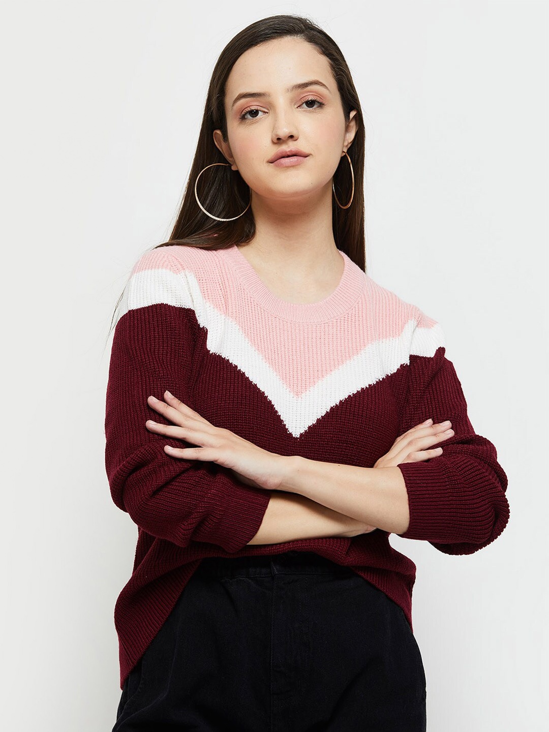 

max Women Burgundy & White Colourblocked Pullover