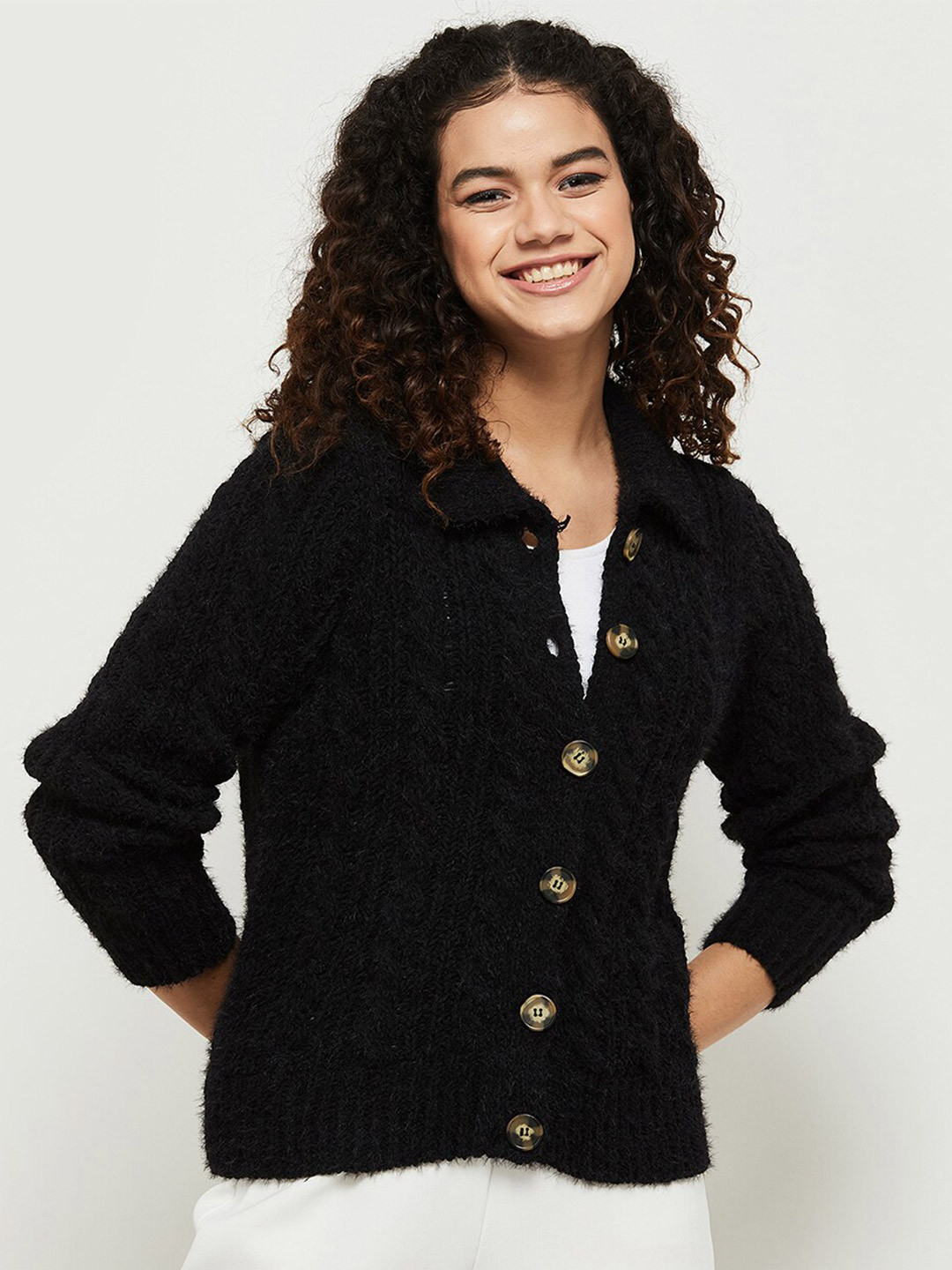 

max Women Black Cardigan with Fuzzy Detail