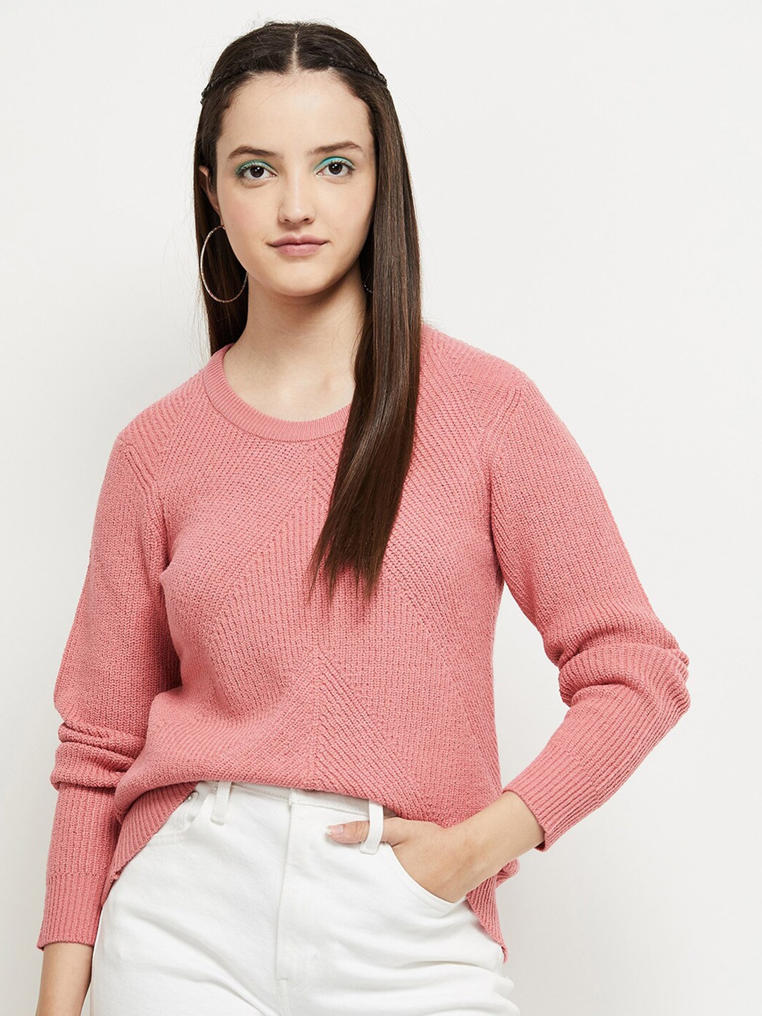 

max Women Peach-Coloured Solid Long Sleeves Pullover