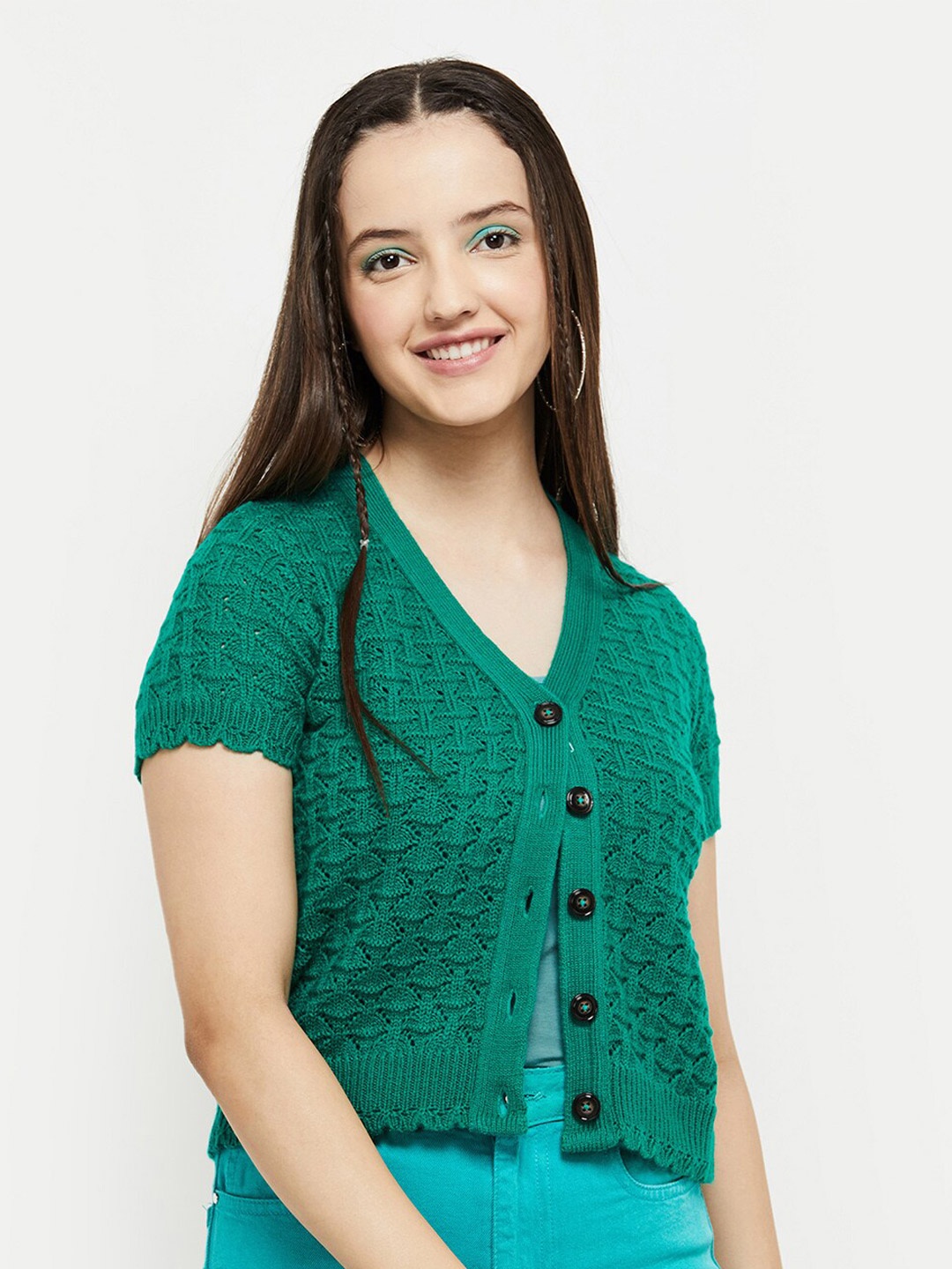 

max Women Teal Green Self Design Crop Cardigan