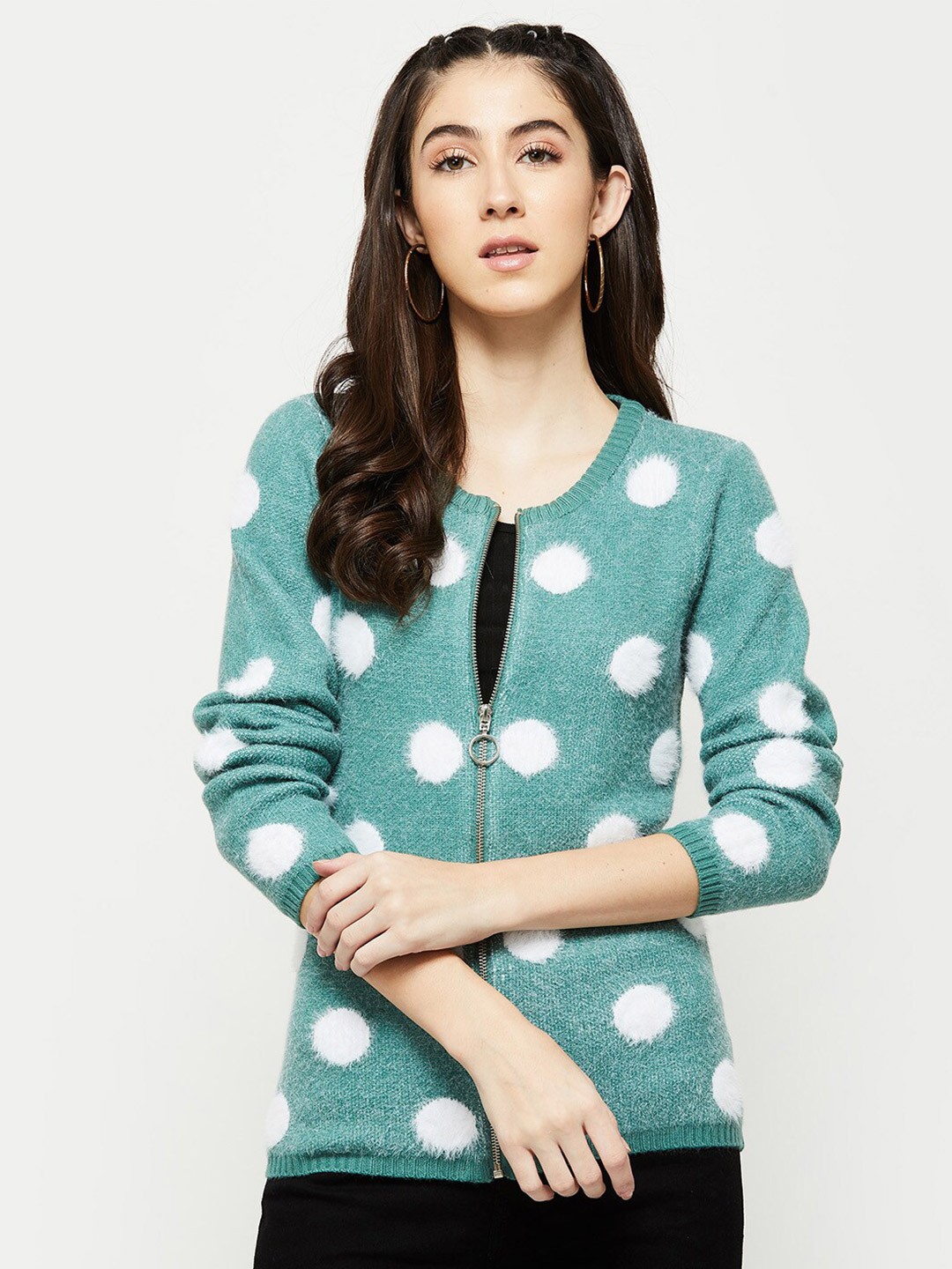 

max Women Green & White Geometric Printed Cardigan with Fuzzy Detail