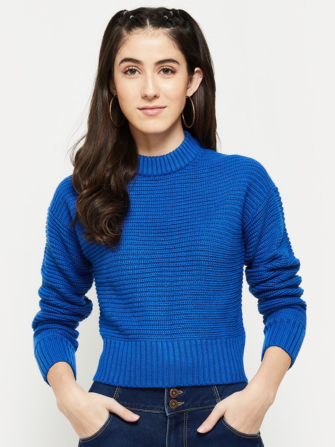 

max Women Blue Ribbed Long Sleeves Pullover