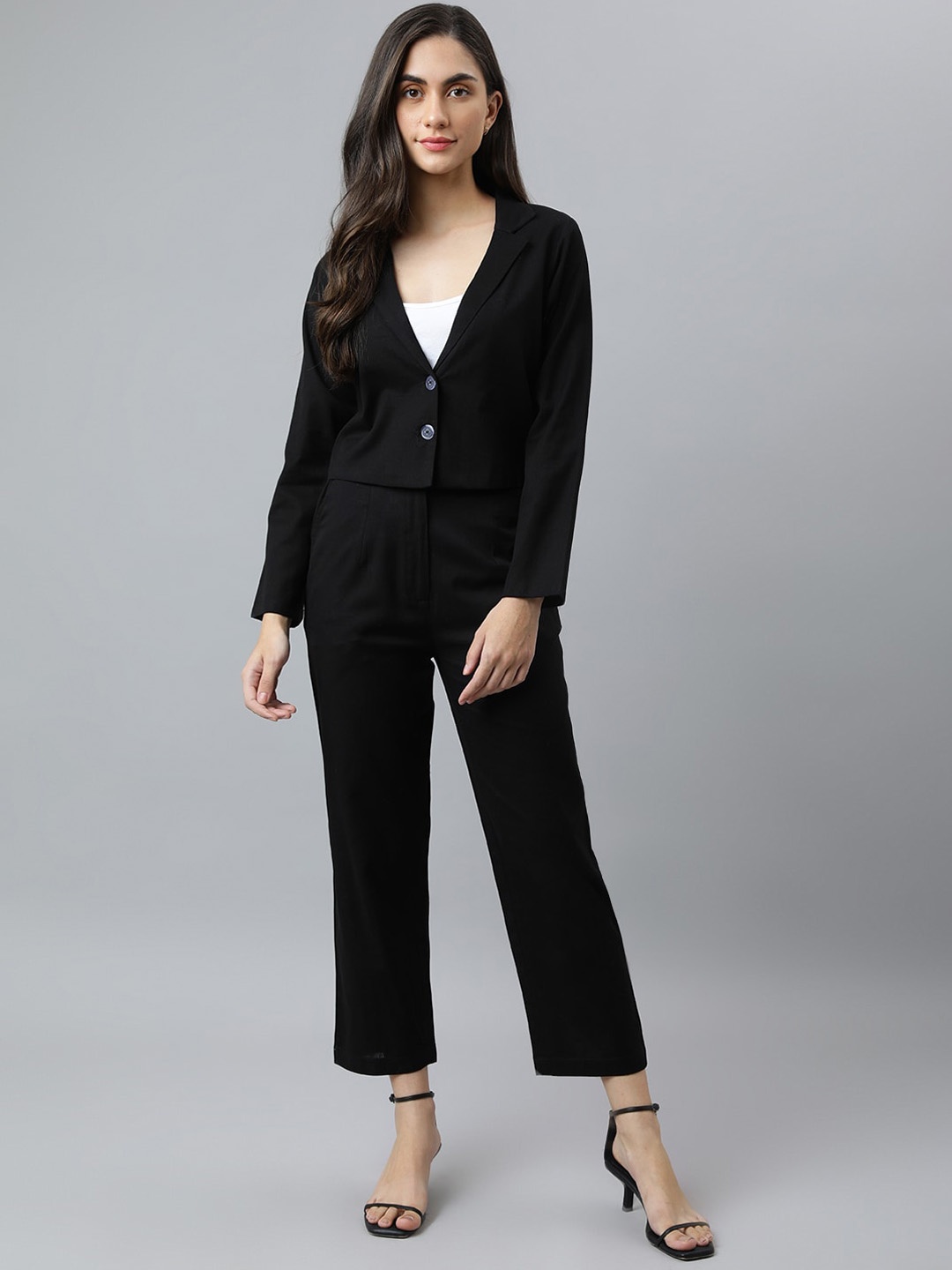

DEEBACO Women Black Solid Pure Cotton Blazer & Trouser Co-Ords