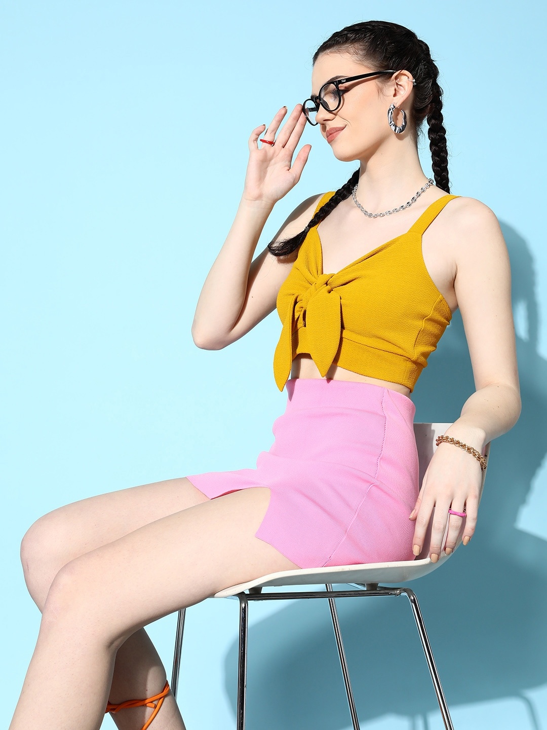 

Berrylush Yellow Solid Tie-Ups Crepe Bralette Crop Top