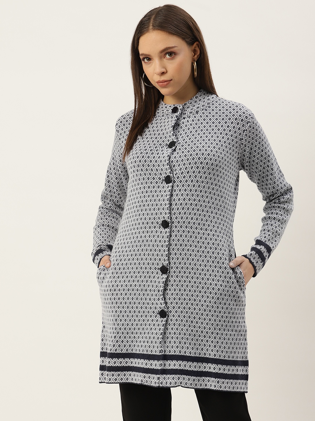 

American Eye Women Navy Blue & White Self-Design Acrylic Hip-Length Sweater