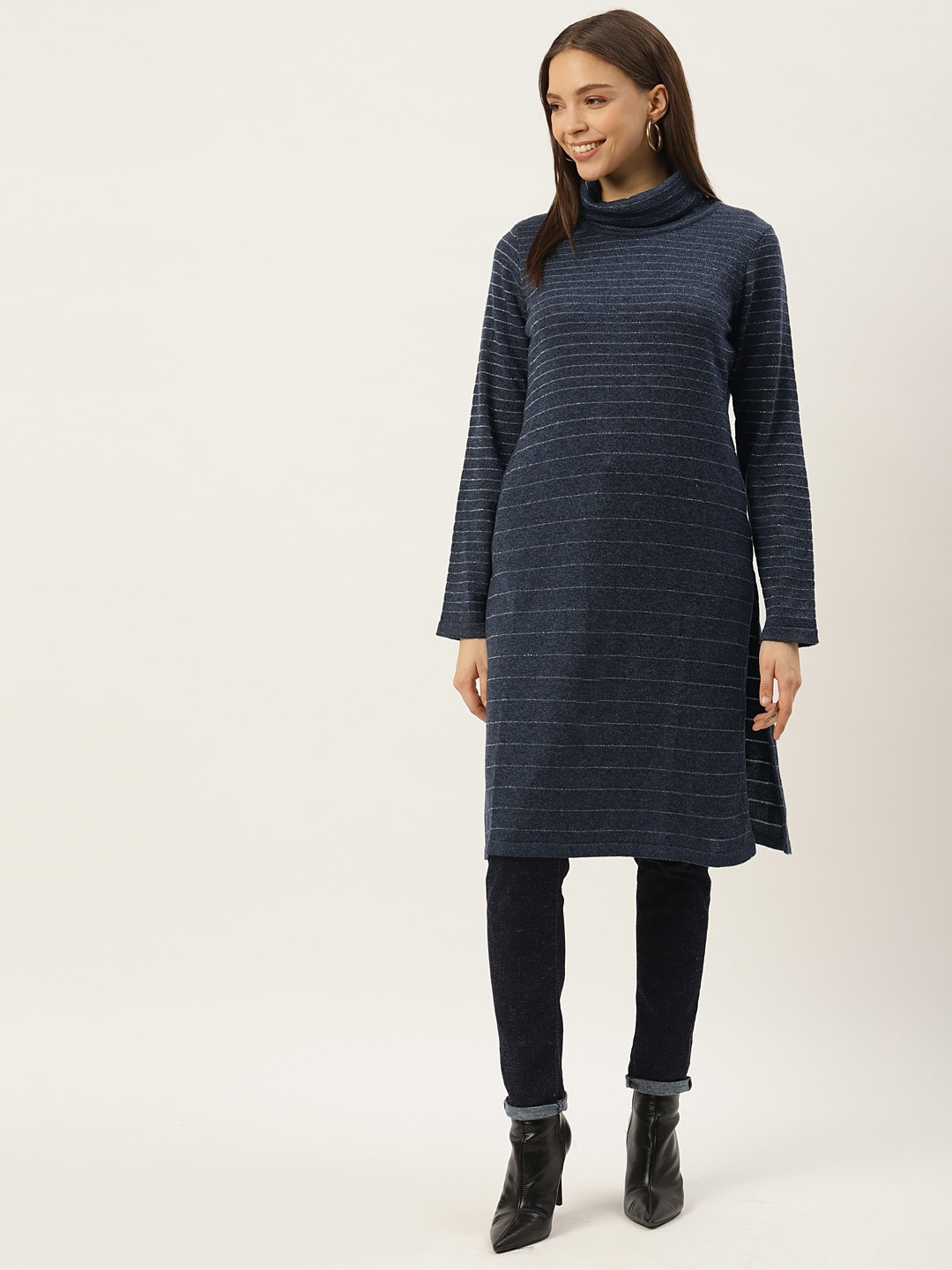 

American Eye Women Navy Blue Striped Turtle Neck Woolen Straight Kurta