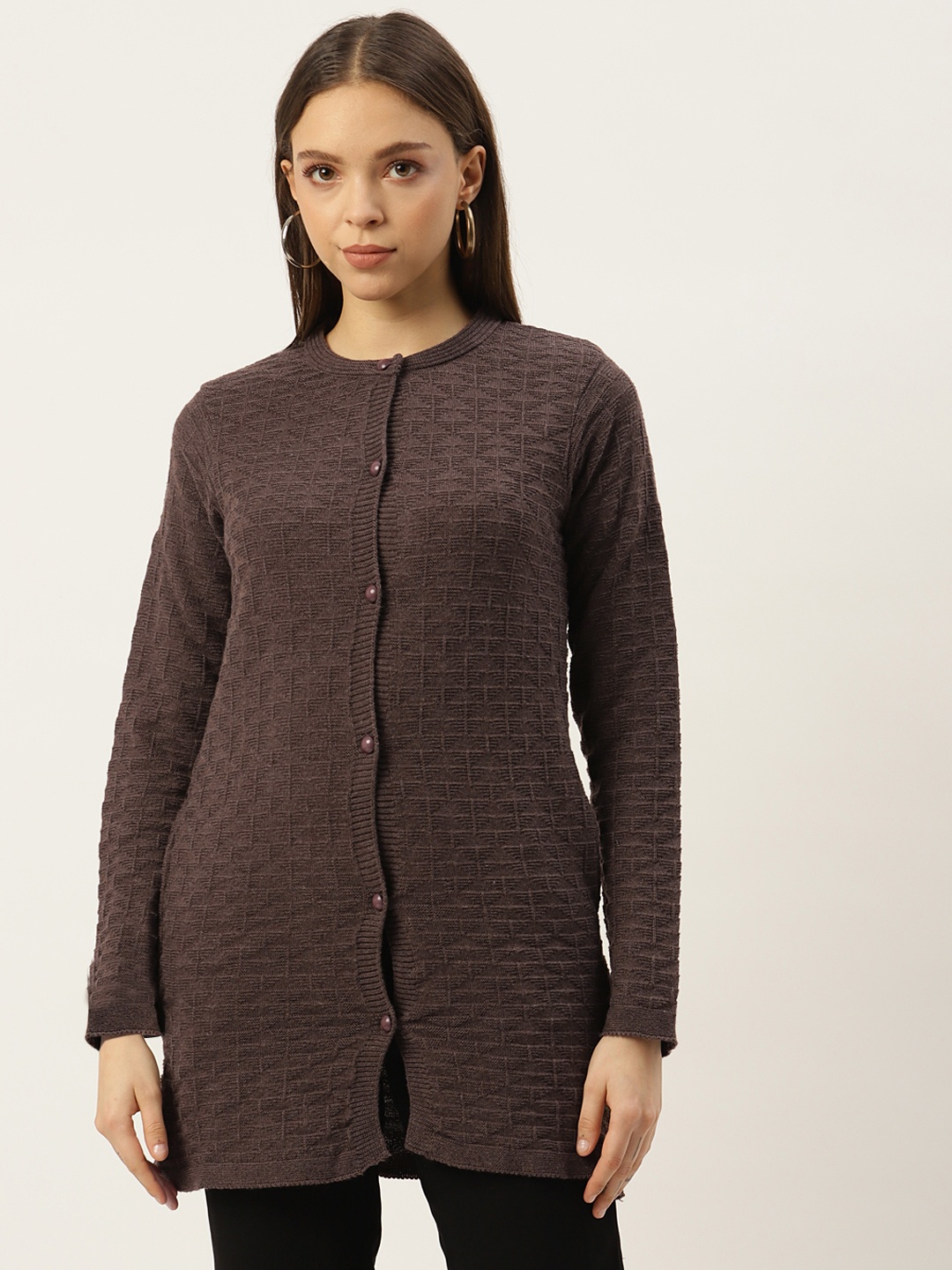 

American Eye Women Brown Geometric Hip-Length Acrylic Sweater