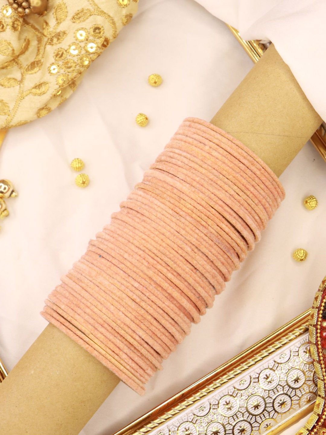 

I Jewels Set Of 48 Peach Coloured Plain Velvet Bangles