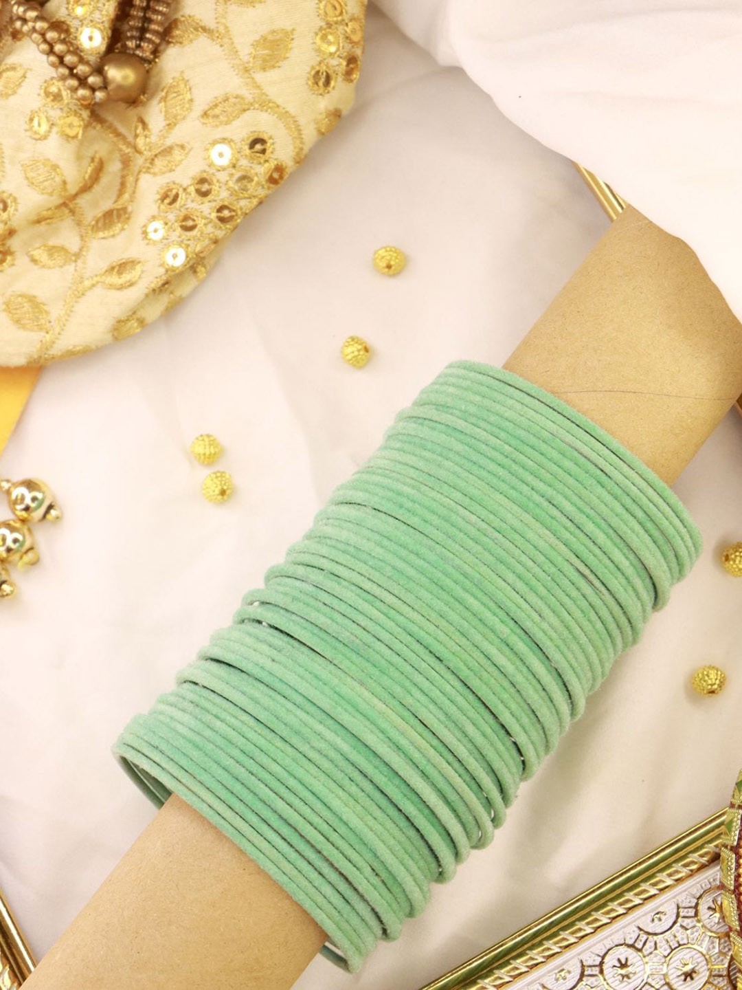 

I Jewels Women Set of 48 Green Metal Velvet Bangles