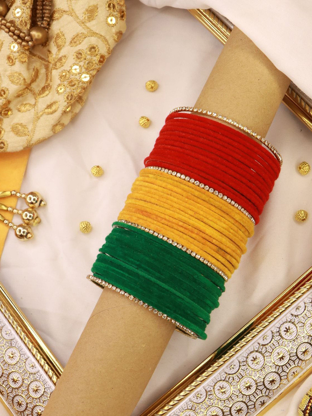 

I Jewels Women Set Of 48 Solid Metal Velvet Bangles, Red