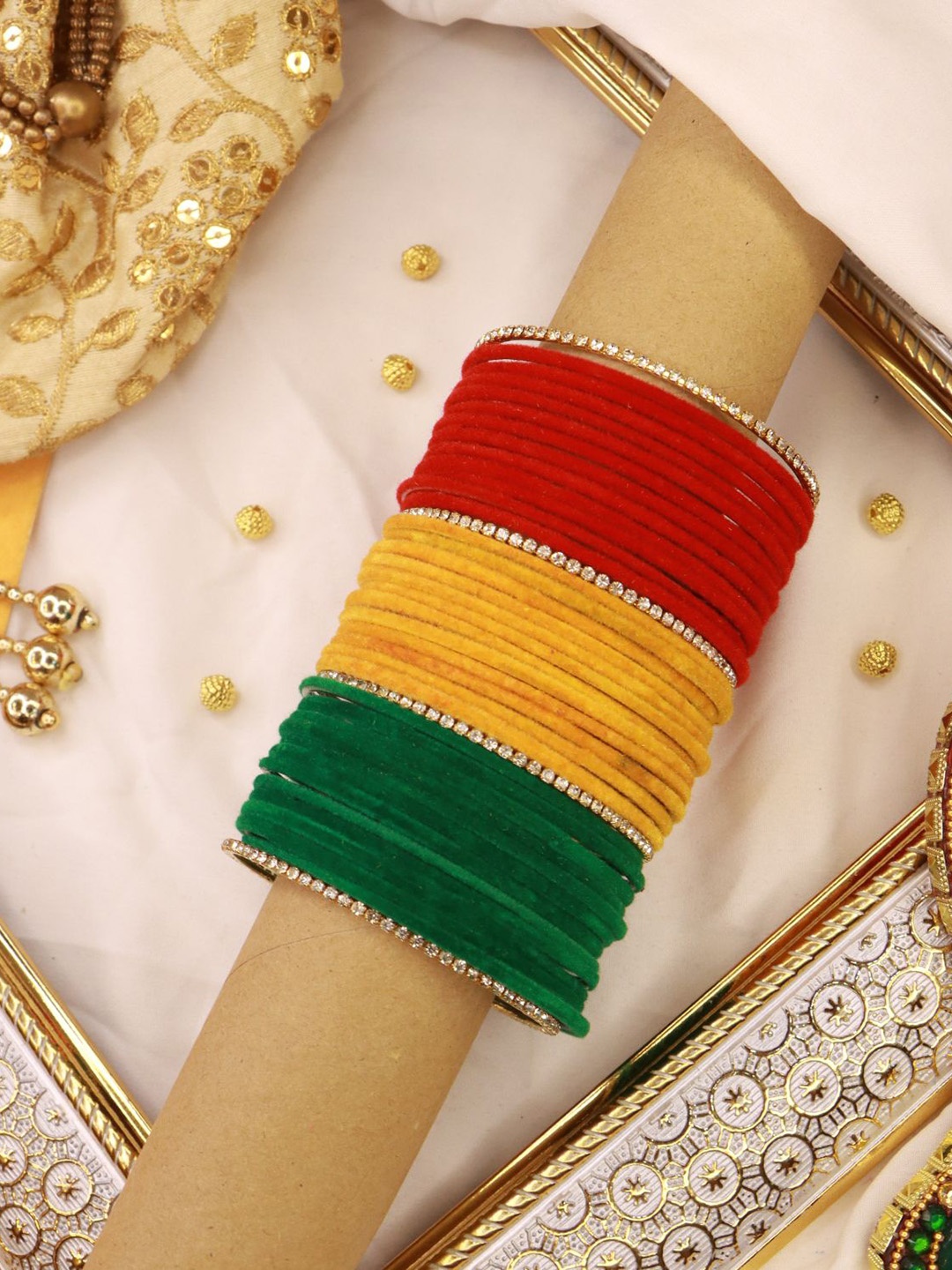 

I Jewels Set of 48 Red & Gold Solid Metal Velvet Bangle
