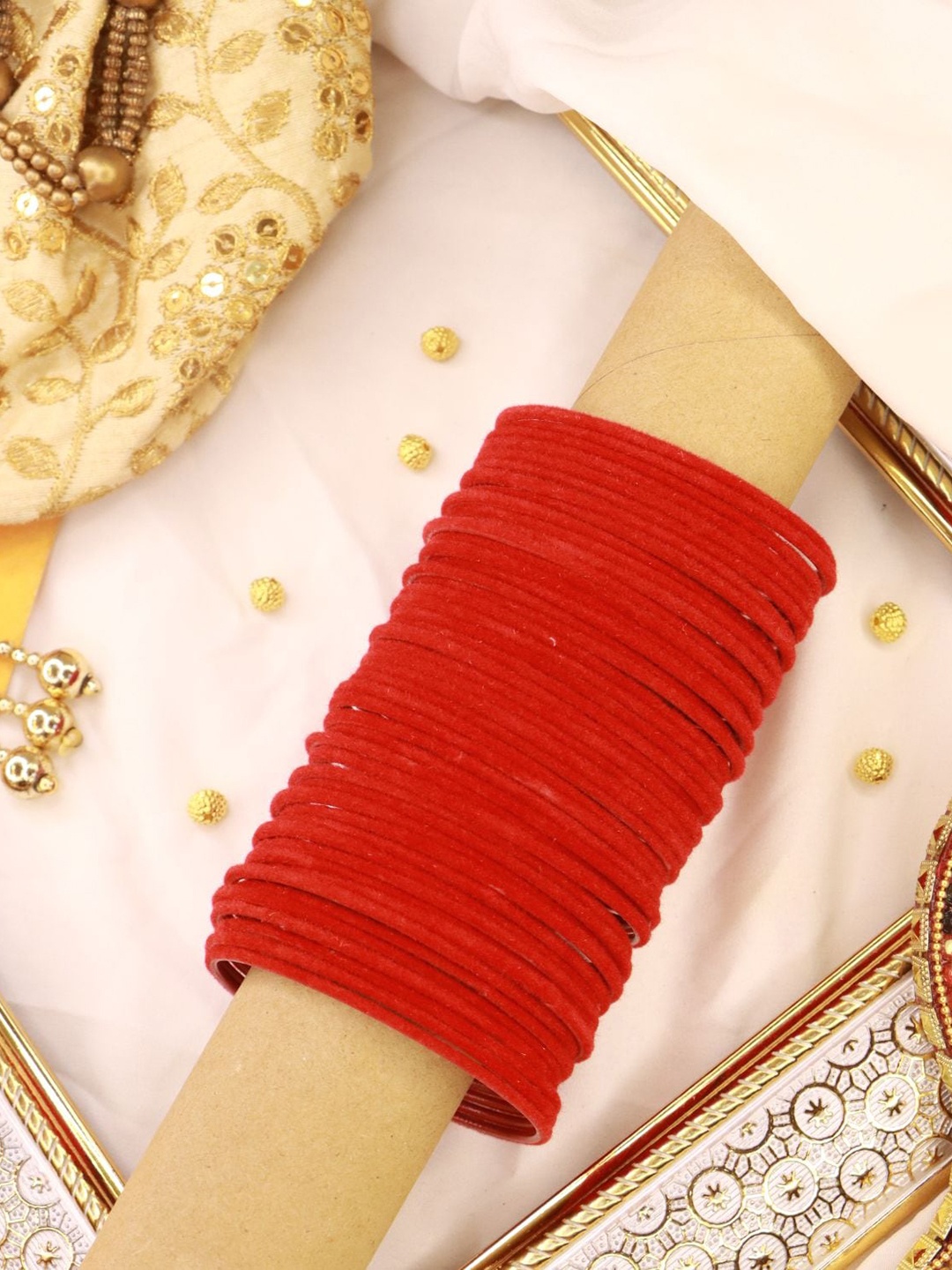 

I Jewels Women Set of 48 Red Solid Metal Velvet Bangles