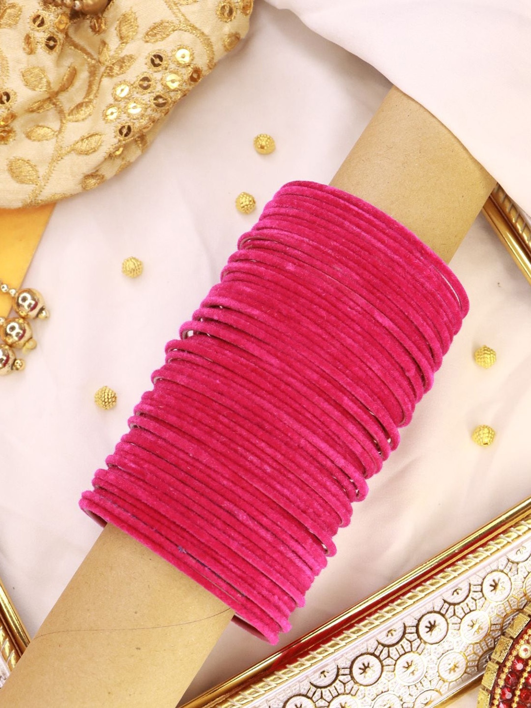 

I Jewels Set of 48 Pink Velvet Solid Bangles Set