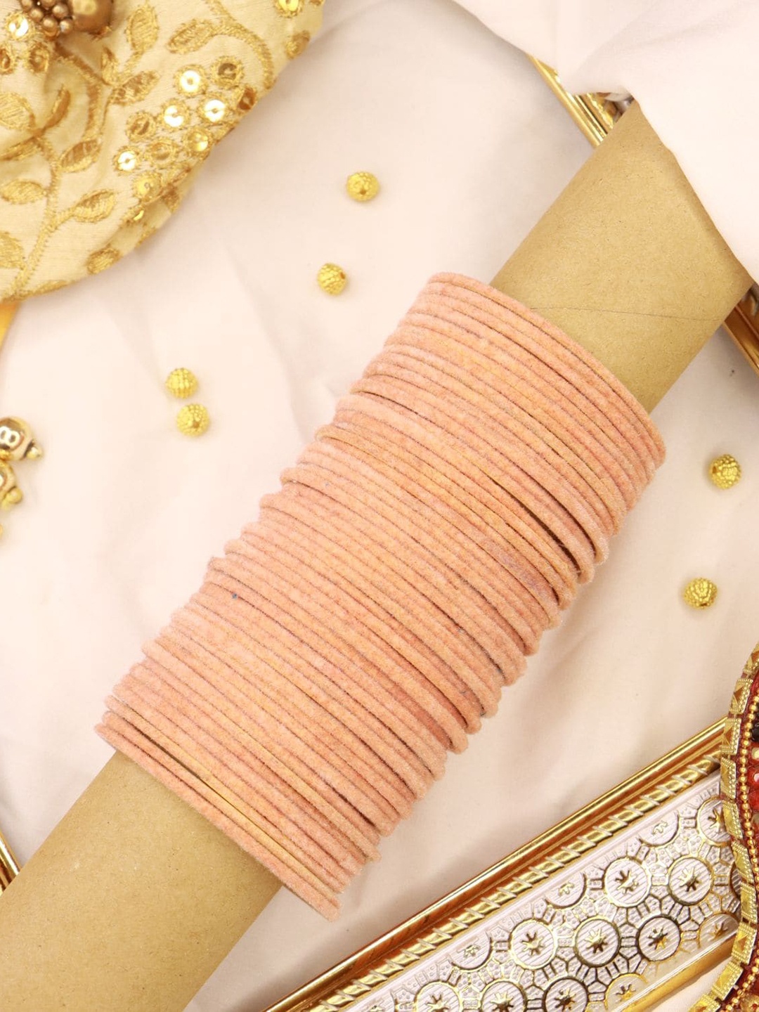 

I Jewels Women Set Of 48 Peach Colored Metal Velvet Chuda Bangles