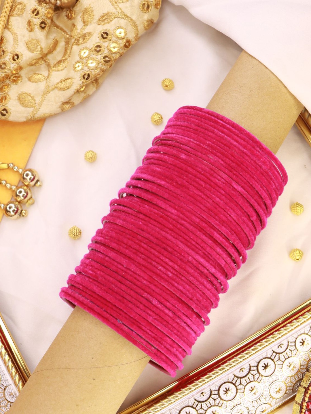 

I Jewels Women Set of 48 Pink Metal Velvet Bangles