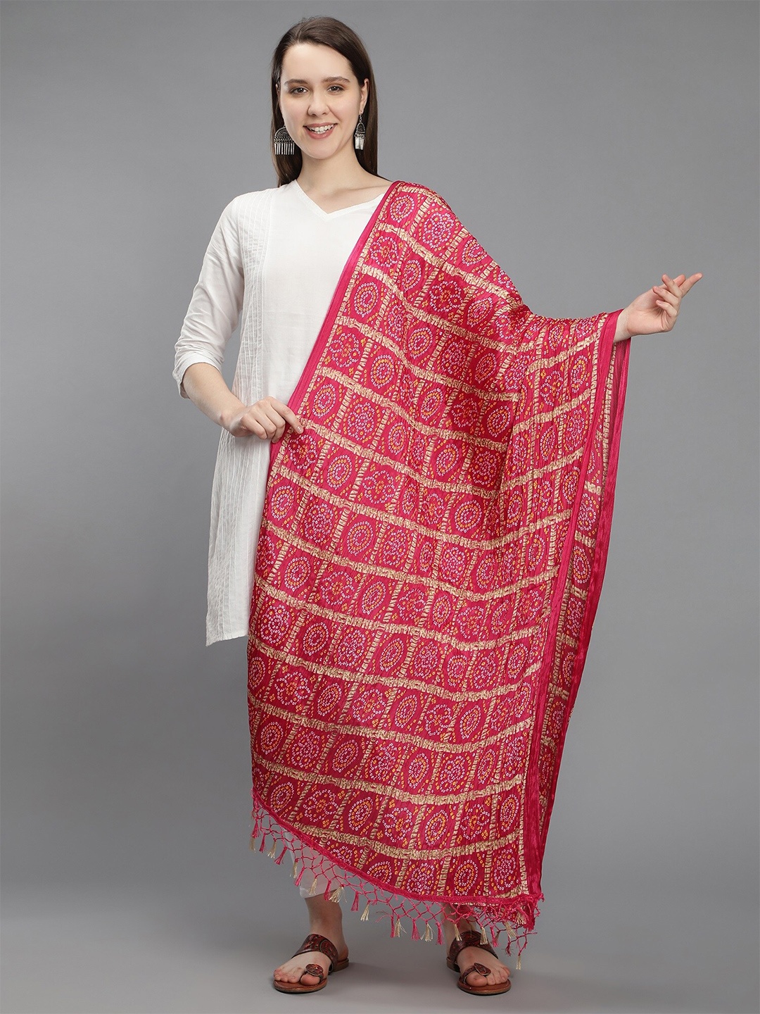 

Aditi Wasan Red & Off White Printed Art Silk Bandhani Dupatta