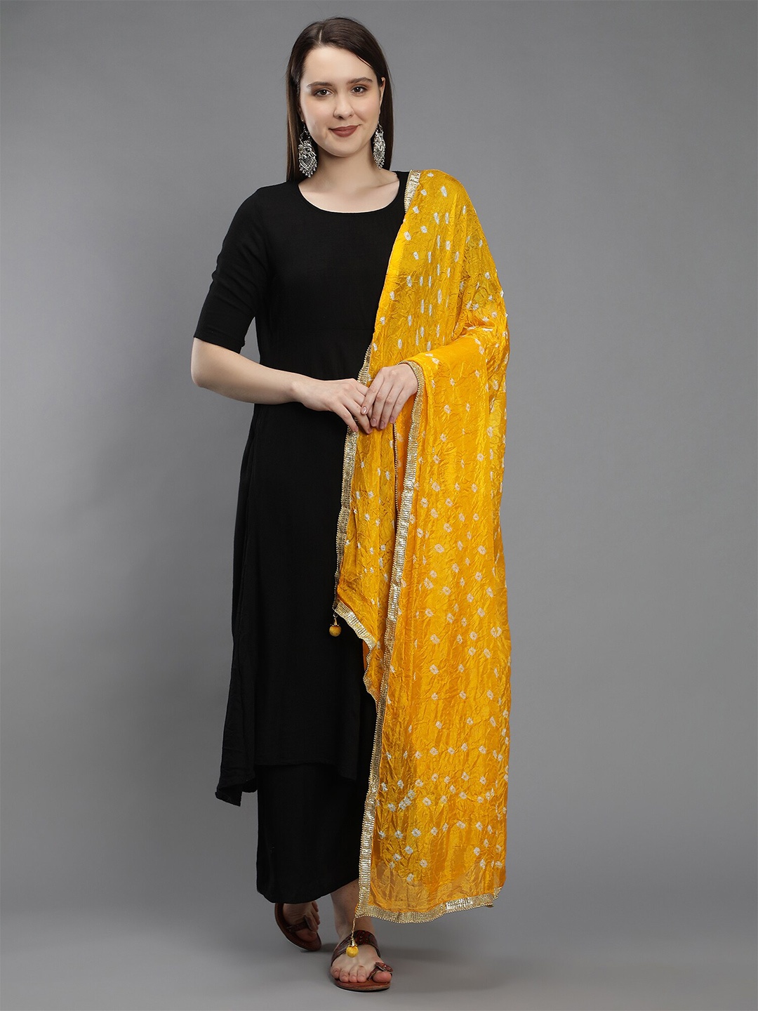 

Aditi Wasan Yellow & White Printed Art Silk Bandhani Dupatta with Gotta Patti