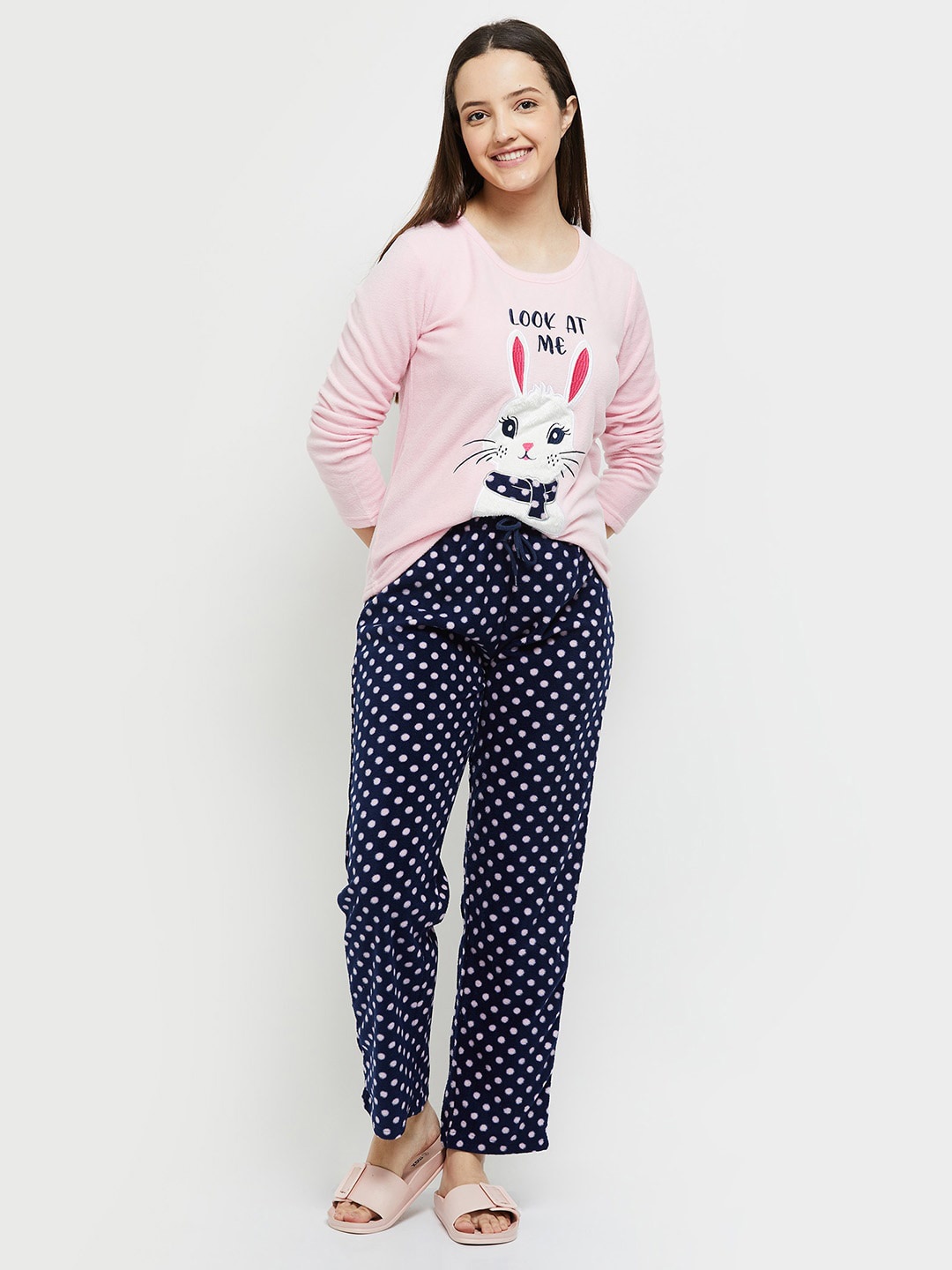 

max Women Pink & Navy Blue Printed Night suit