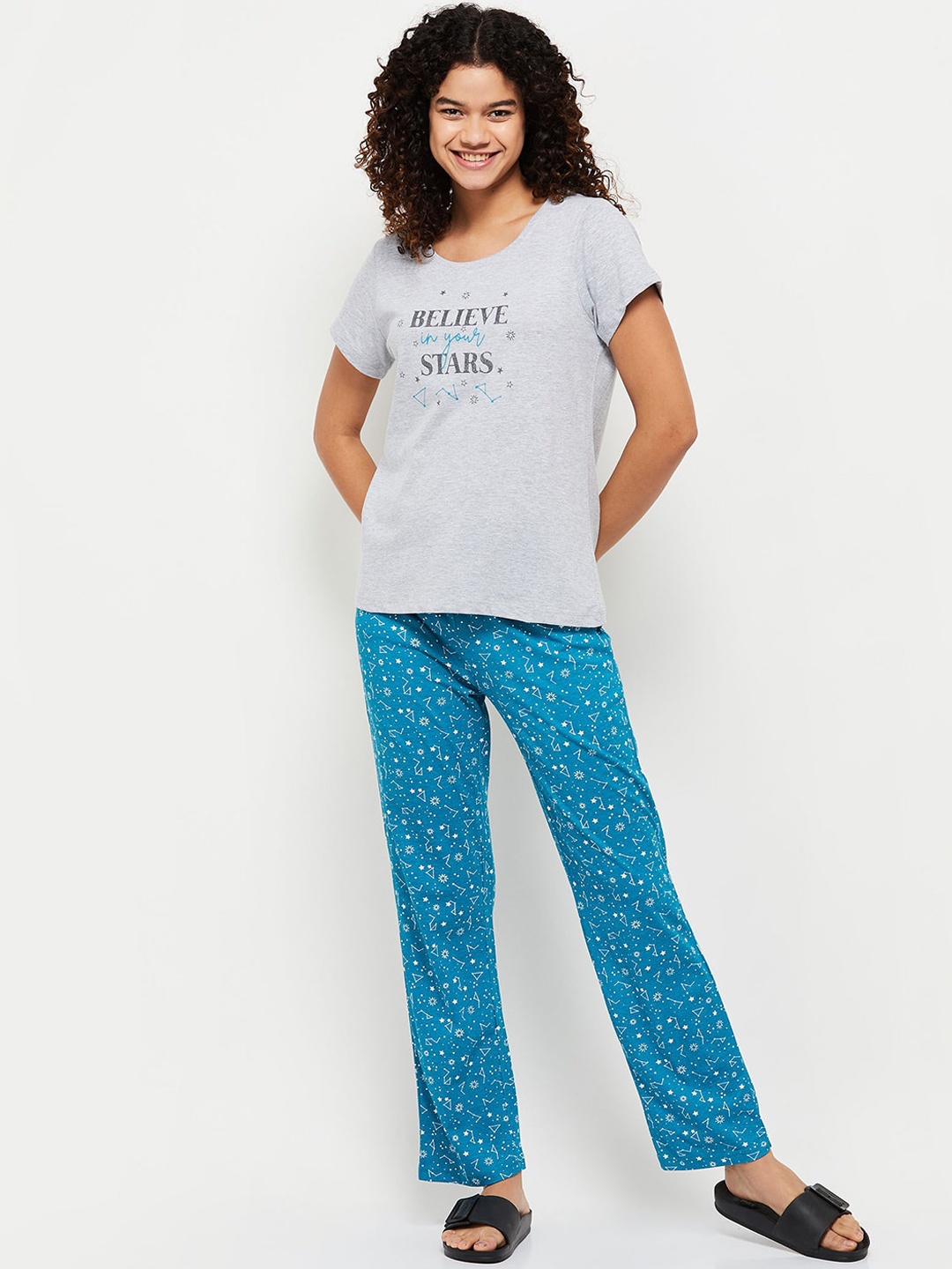 

max Women Grey Melange & Blue Printed Night suit