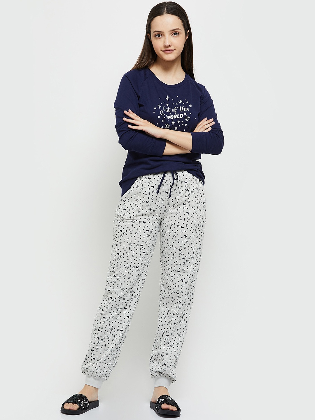 

max Women Navy Blue & Grey Printed Night suit