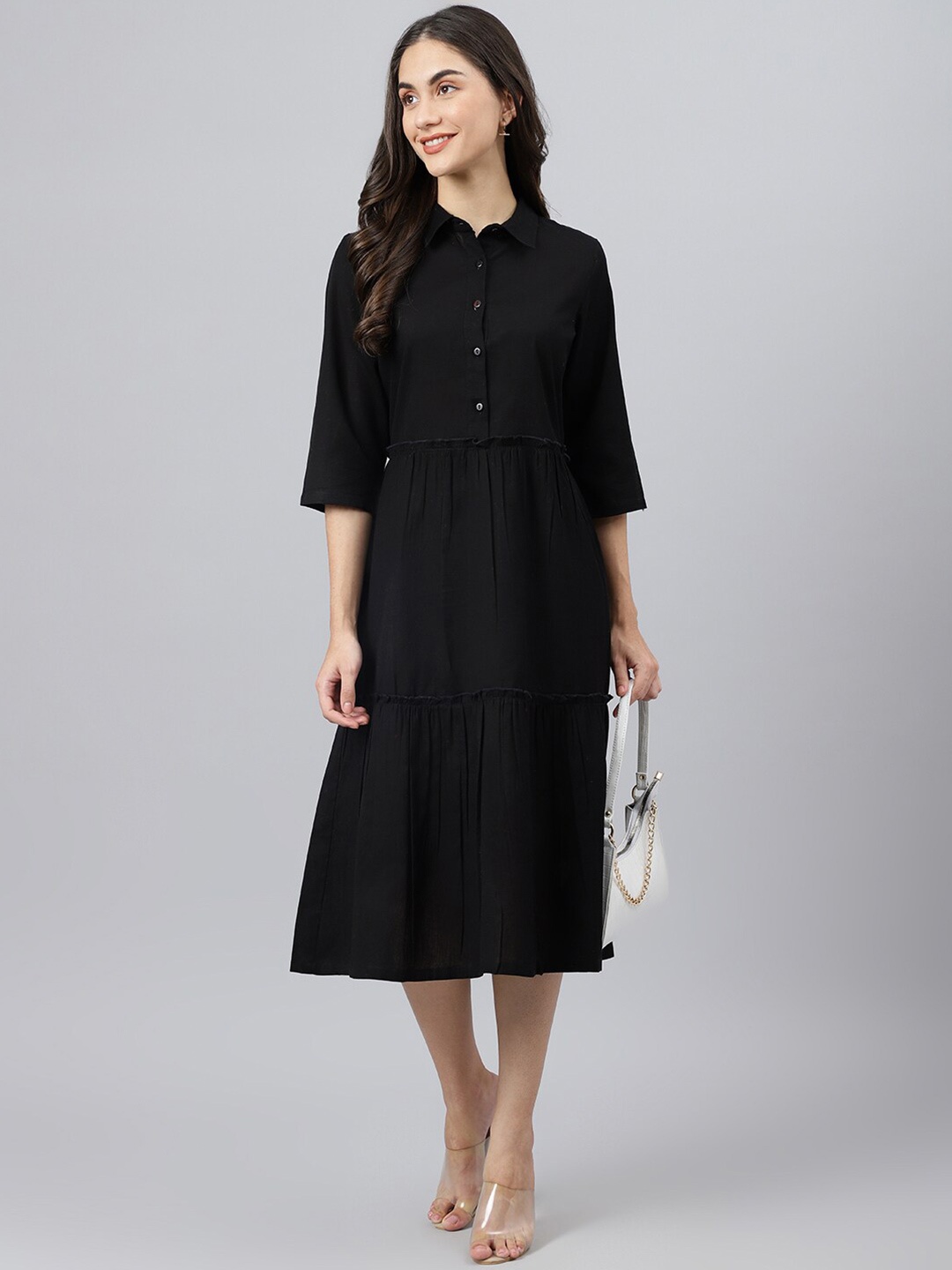 

DEEBACO Black Shirt Cotton Midi Dress