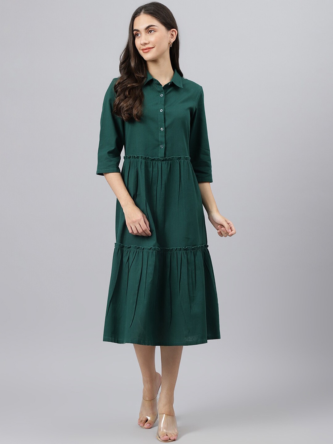 

DEEBACO Cotton Green A-Line Midi Dress