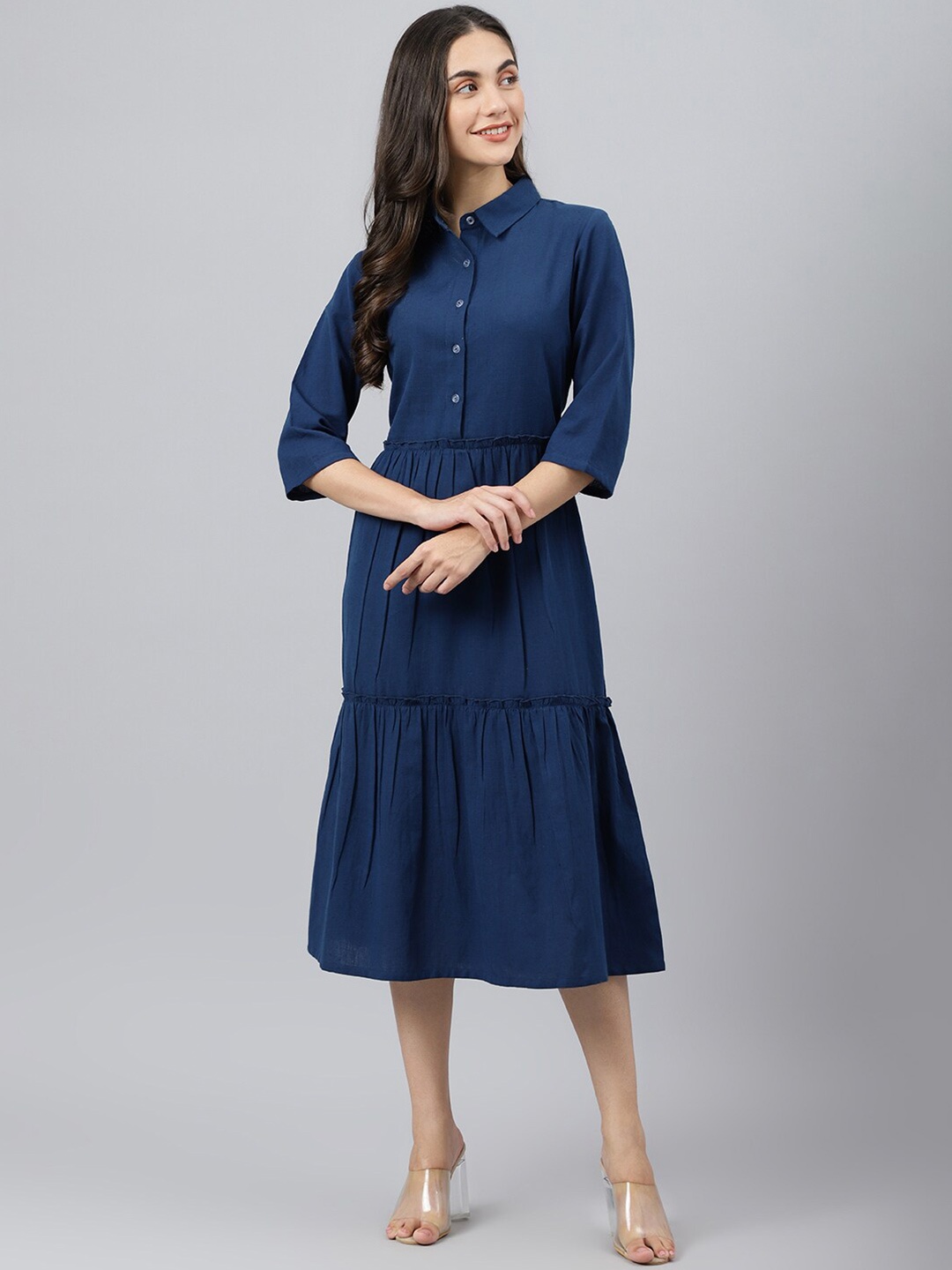 

DEEBACO Navy Blue Cotton A-Line Midi Dress