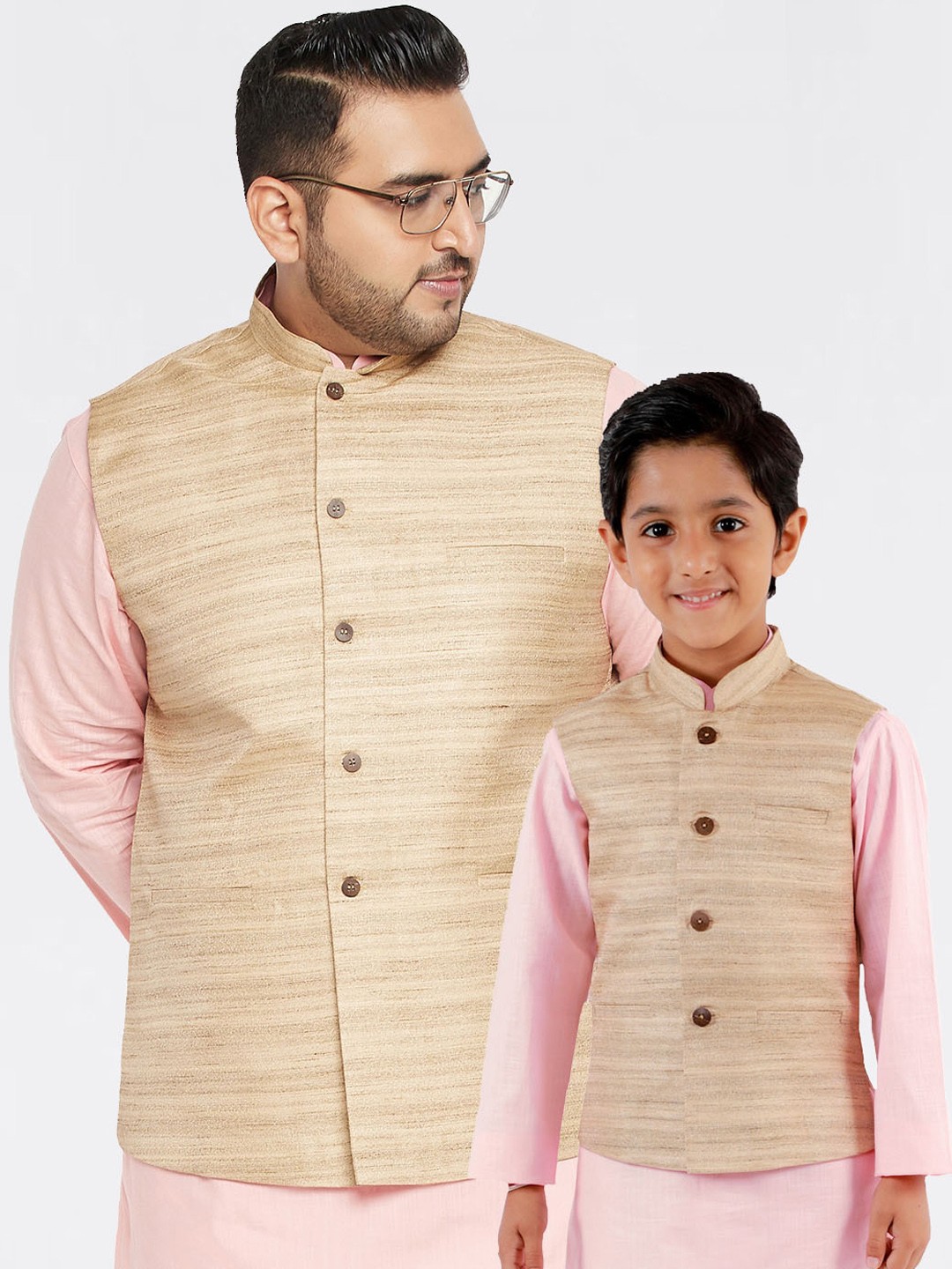 

VASTRAMAY Boys Beige Woven Design Nehru Jacket