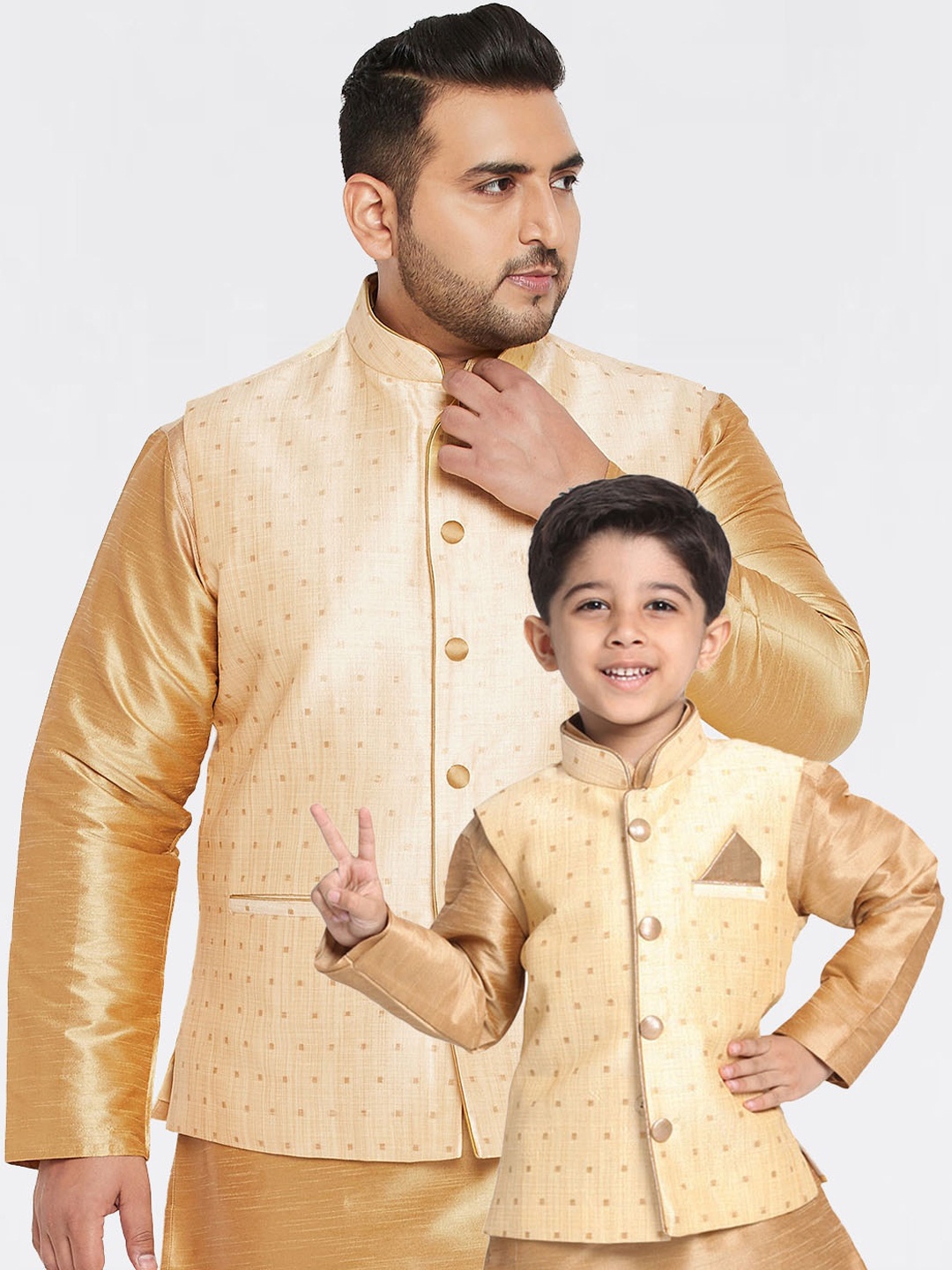 

VASTRAMAY Boys Golden Colored Woven Design Nehru Jacket, Gold