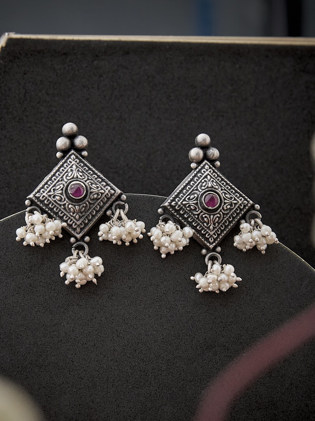 

Fabindia Silver-Toned & White Classic Drop Earrings