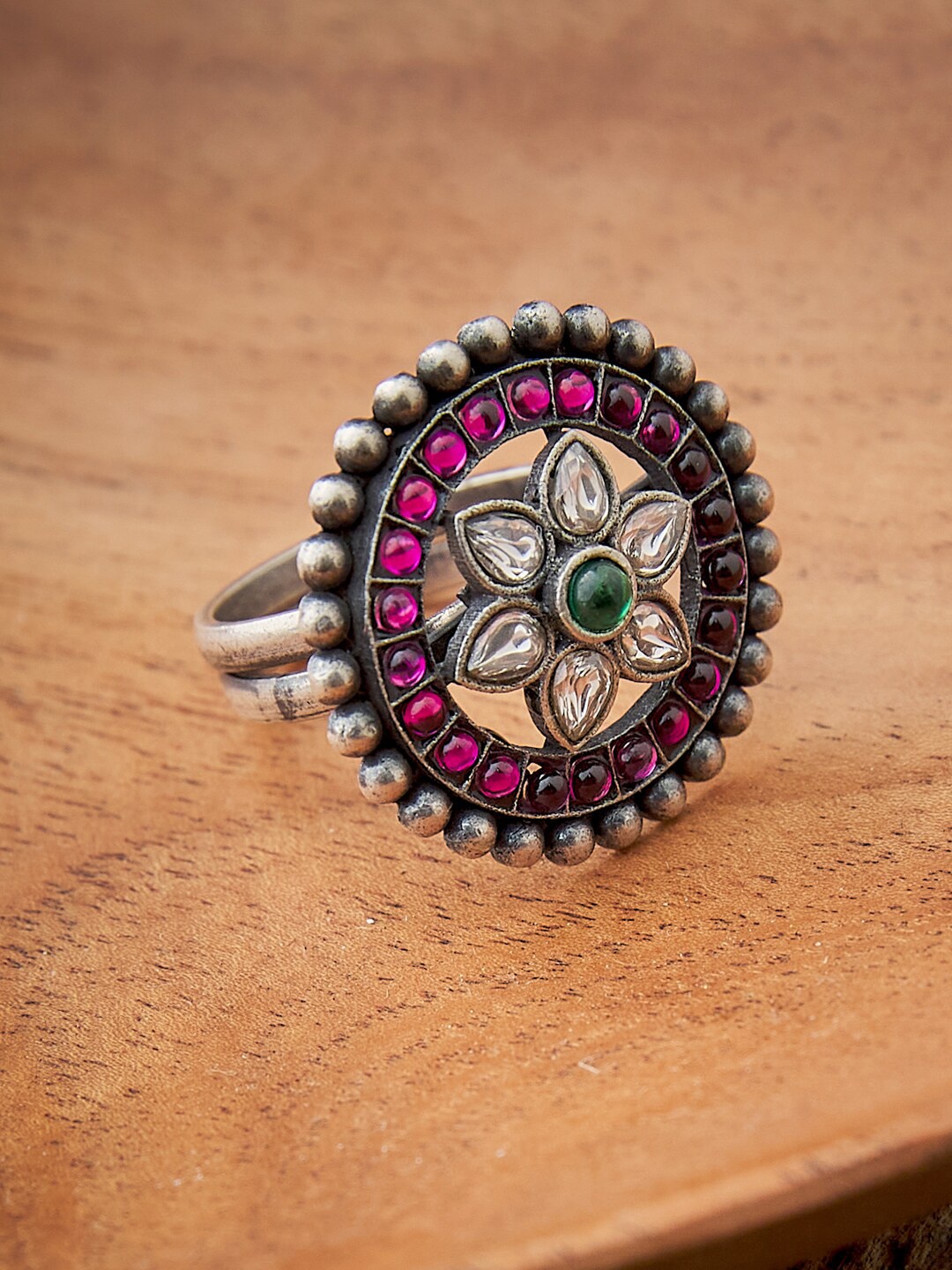

Fabindia Women Silver Pink Stone-Studded Finger Ring