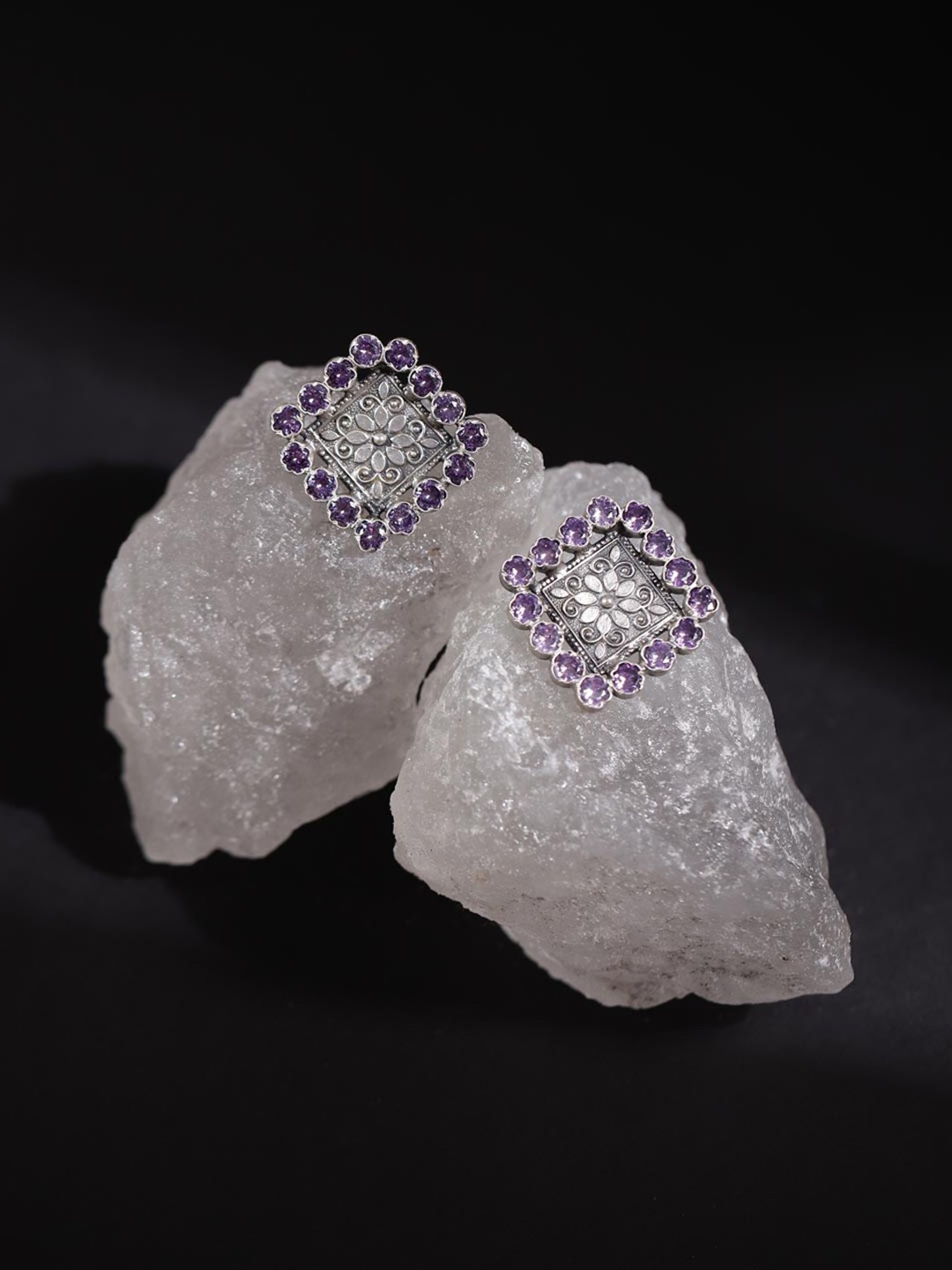 

Fabindia Purple & Silver-Plated Amethyst Square Studs Earrings