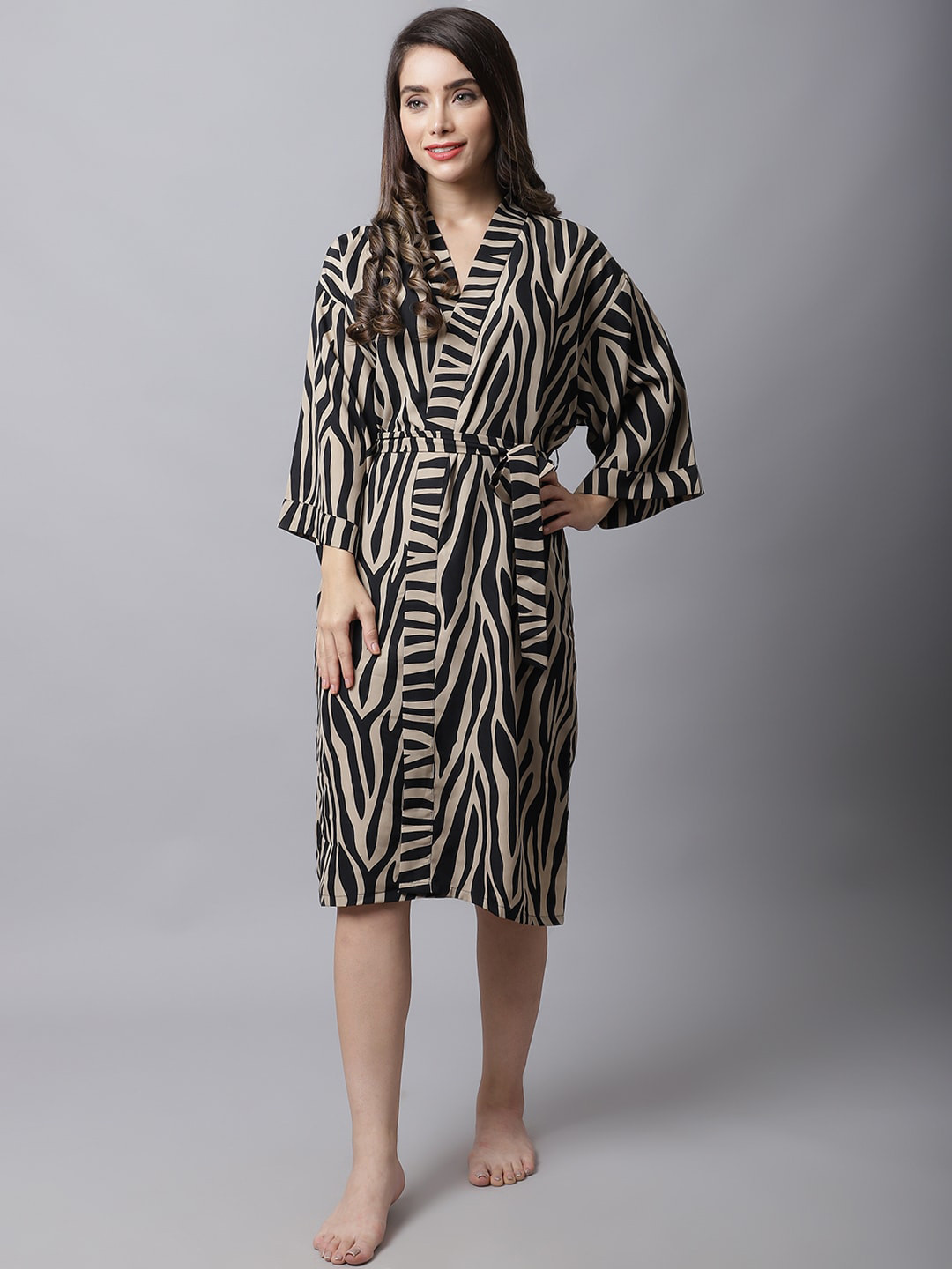 

Claura Women Brown Abstract Printed Robe With Belt