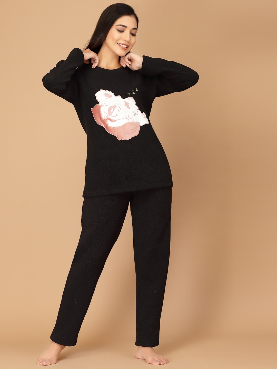 

Sweet Dreams Women Super Soft Polar Fleece Applique Winter Night suit, Black