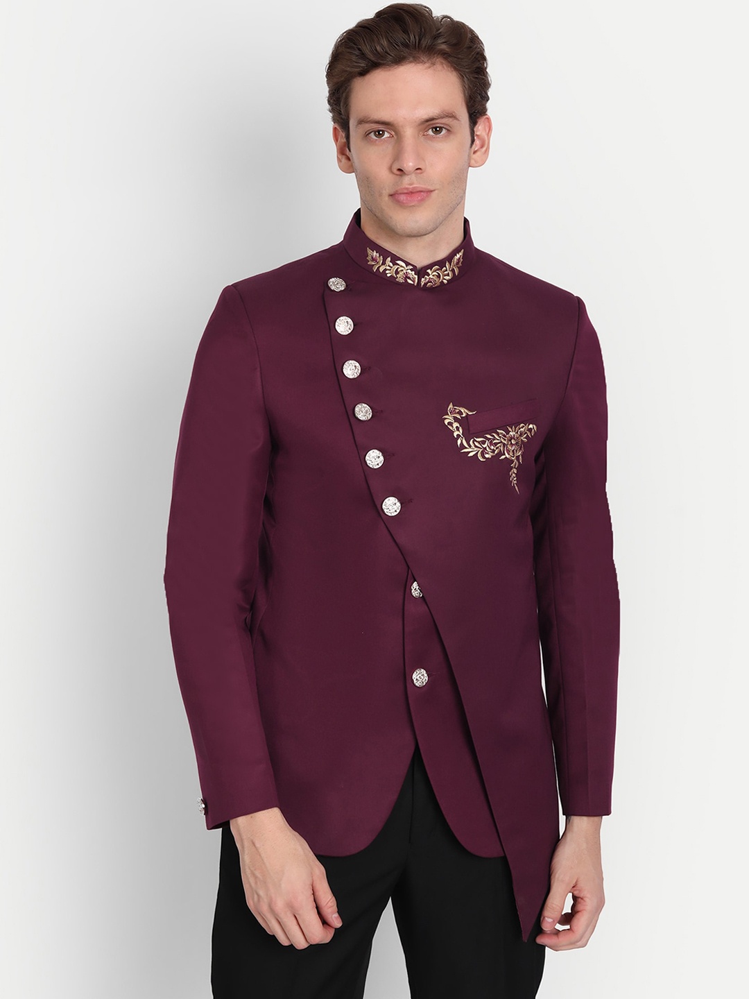 

TrulyFeb Men Maroon Self-Design Slim-Fit Bandhgala Party Blazer