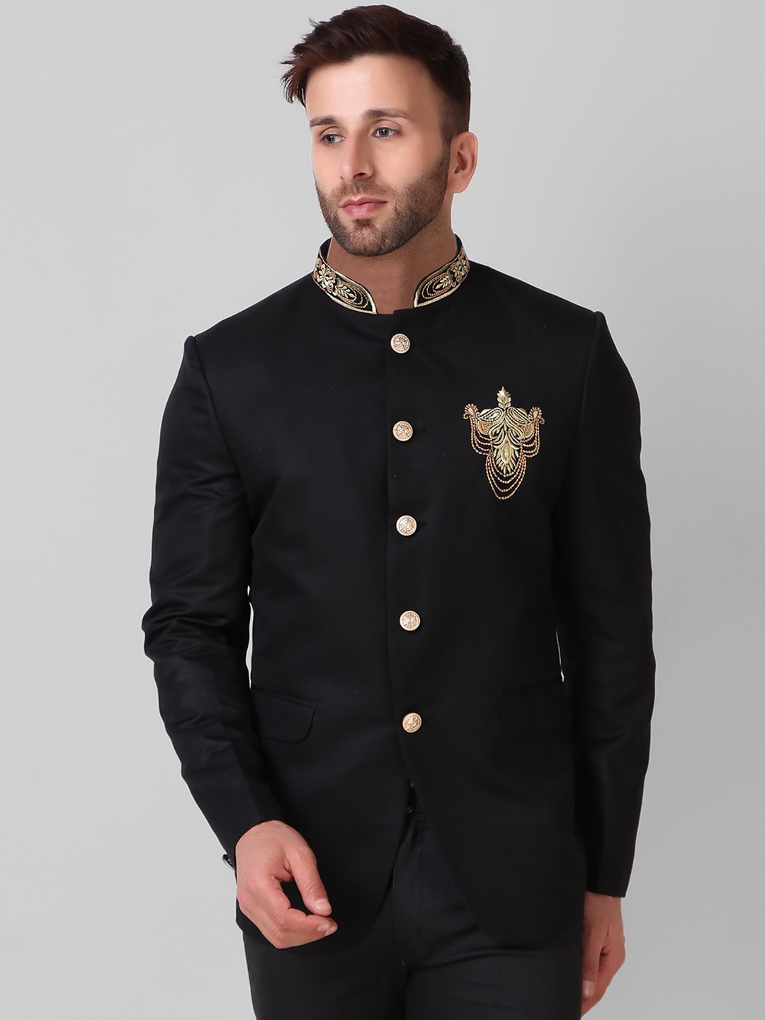 

TrulyFeb Men Black Self Design Slim-Fit Bandhgala Blazer
