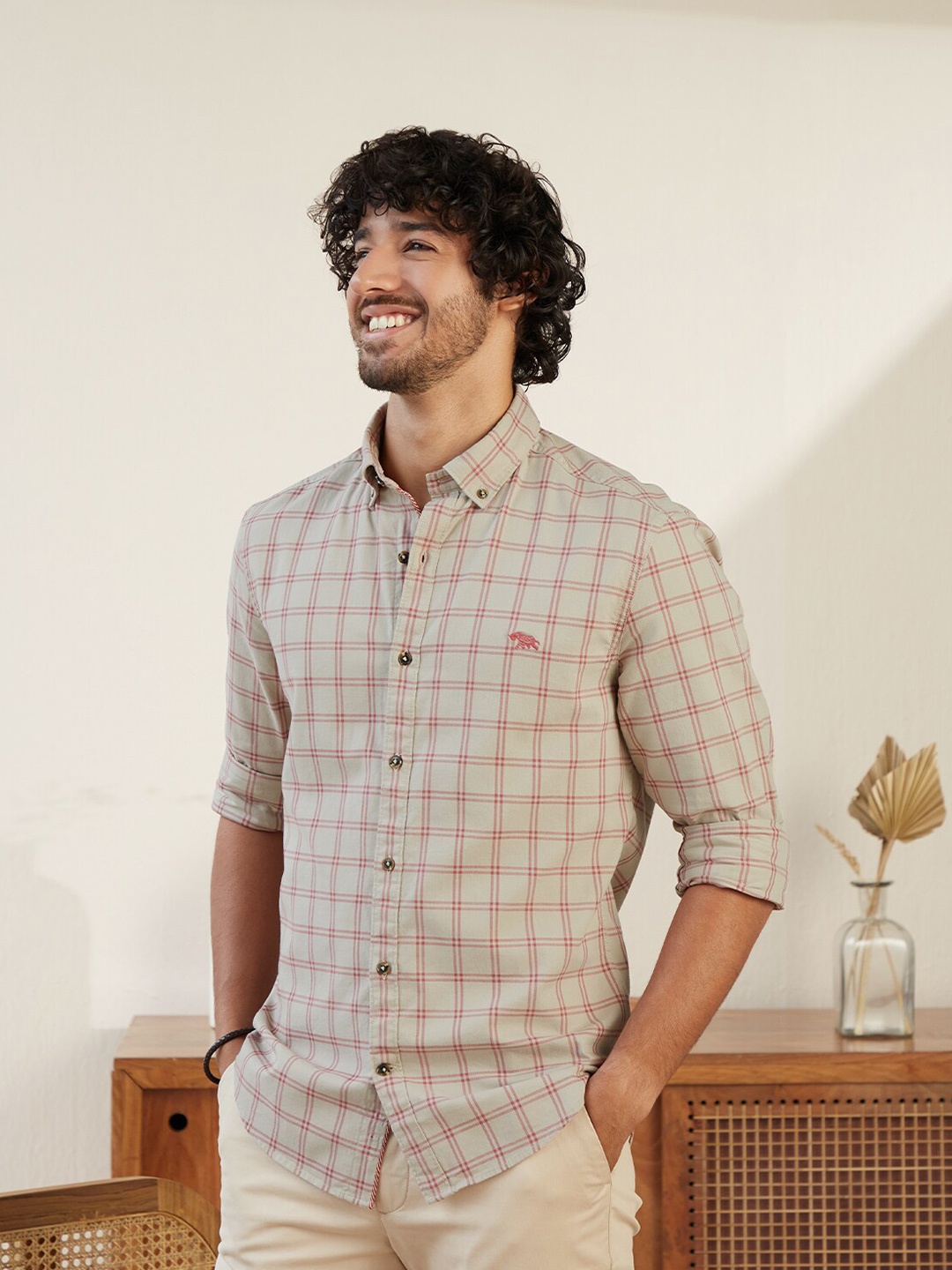 

Andamen Men Beige Classic Slim Fit Tartan Checked Cotton Casual Shirt