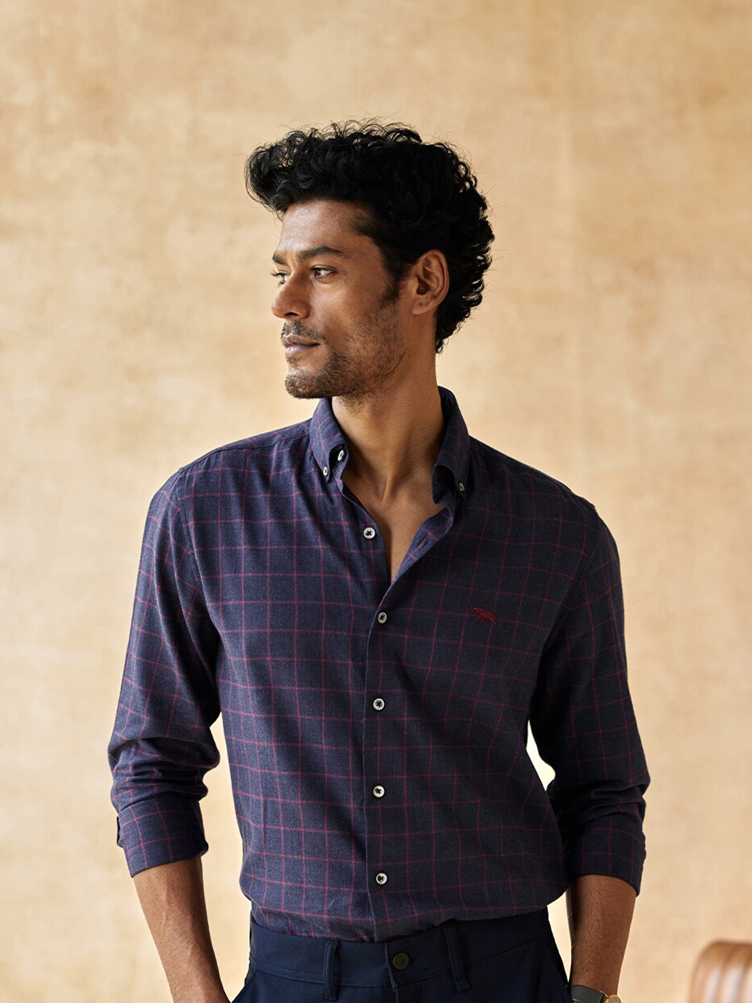 

Andamen Men Blue Classic Slim Fit Checked Casual Cotton Shirt
