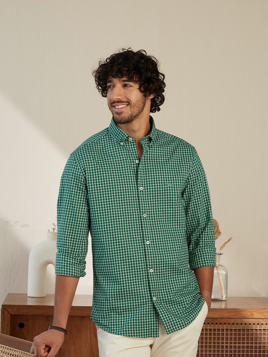 

Andamen Men Green Classic Slim Fit Grid Tattersall Checked Cotton Casual Shirt