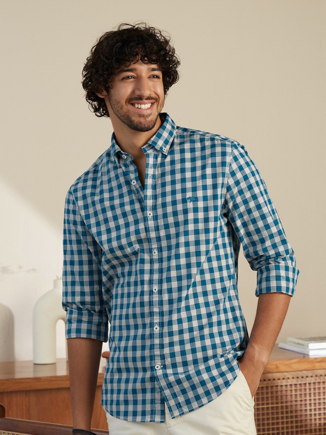 

Andamen Men Blue Classic Slim Fit Gingham Checked Cotton Casual Shirt