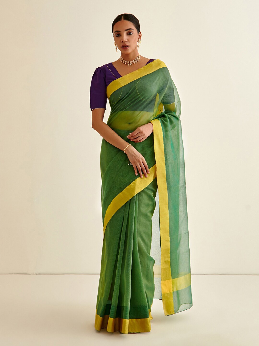 

Abhishti Green & Yellow Cotton Blend Banarasi Saree