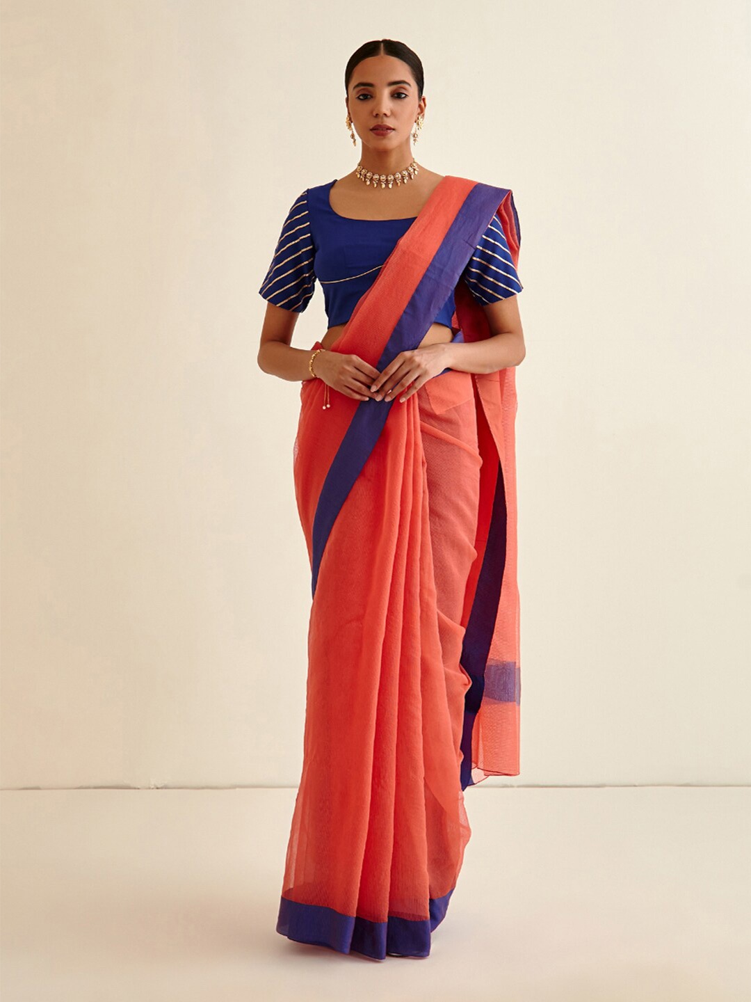 

Abhishti Peach-Coloured & Blue Banarasi Saree, Coral