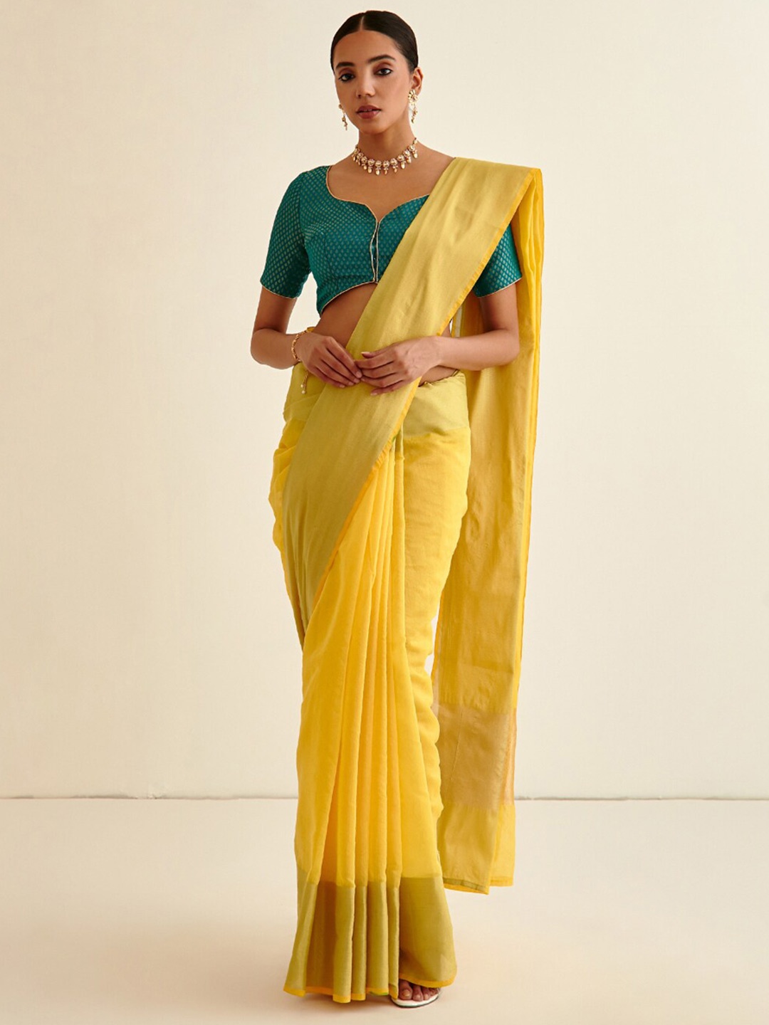 

Abhishti Yellow & Gold-Toned Zari Banarasi Saree