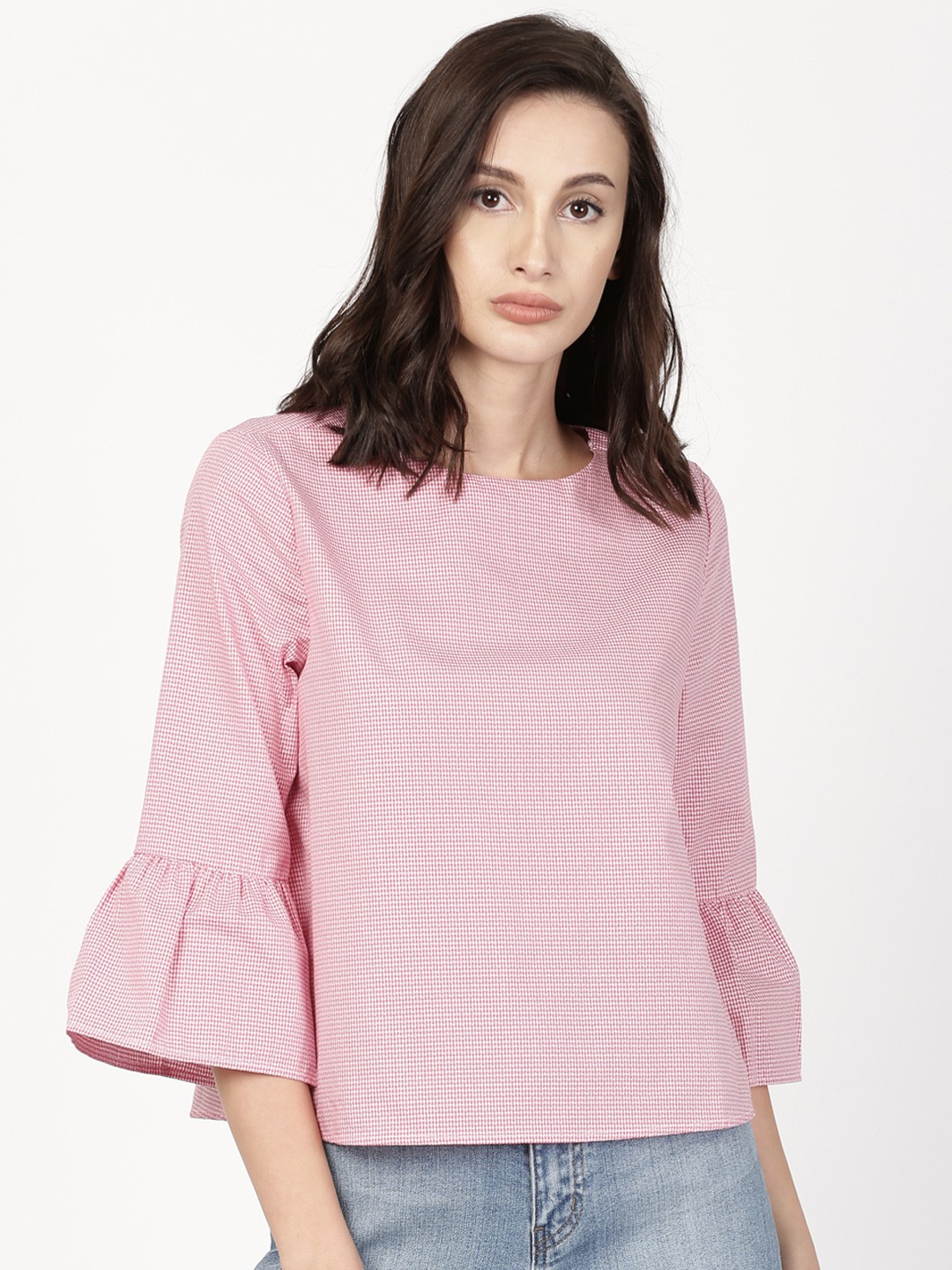 

ether Women Pink Checked Bell Sleeves Pure Cotton Top