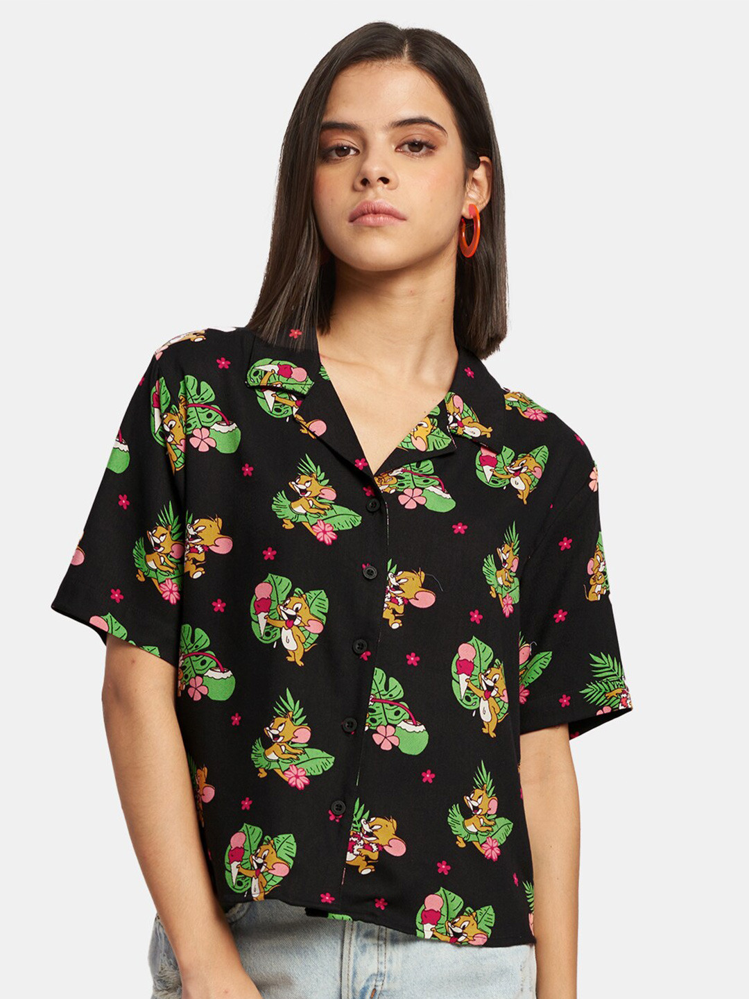 

The Souled Store Women Black Tom & Jerry Printed Cotton Casual Shirt