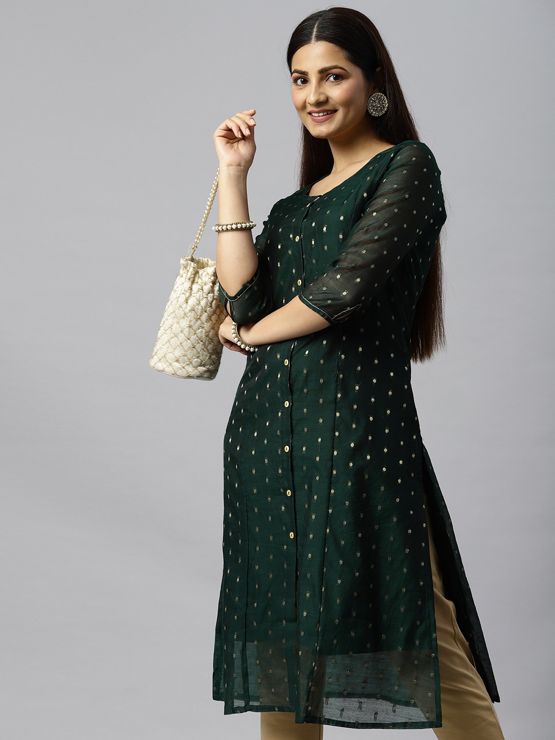 

ETIQUETTE Women Green & Gold-Toned Geometric Printed Chanderi Silk Kurta