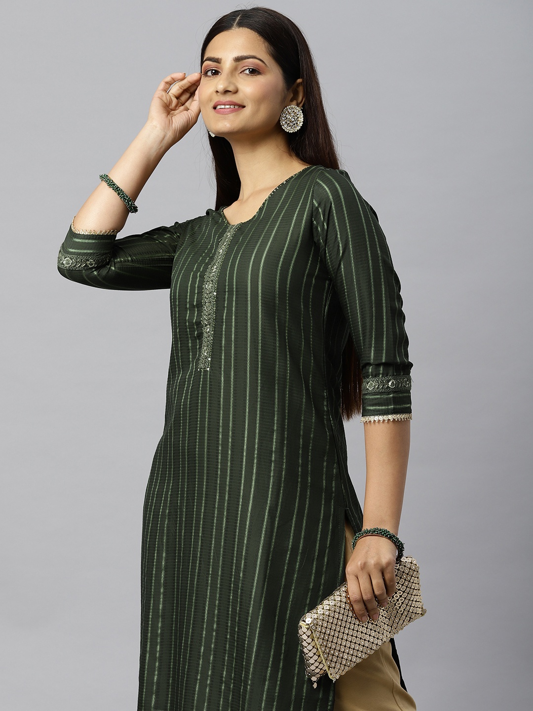 

ETIQUETTE Women Green Striped Chanderi Silk Kurta