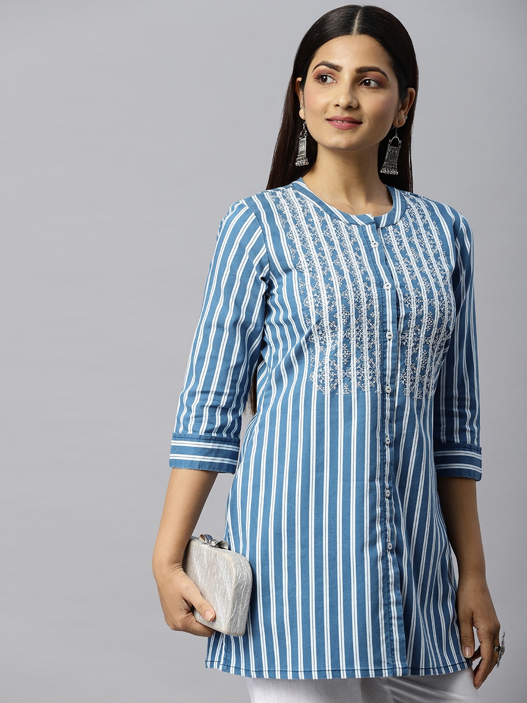 

ETIQUETTE Blue & White Striped Thread Work Pure Cotton Thread Work Kurti