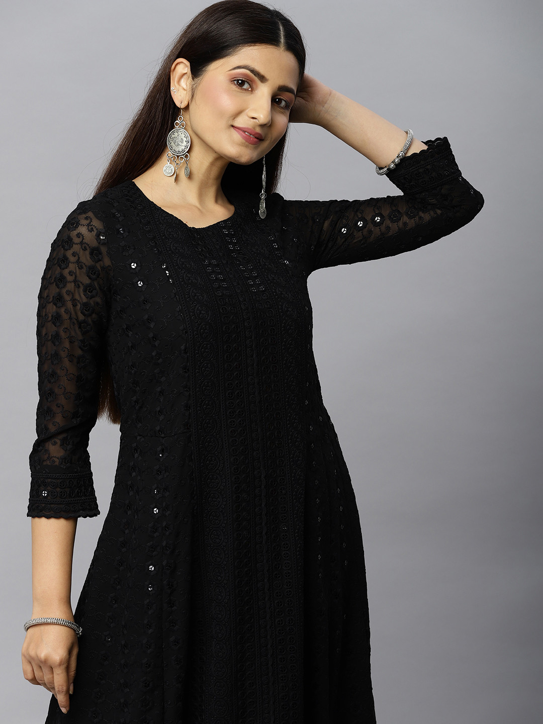 

ETIQUETTE Women Black Floral Embroidered Georgette Anarkali Kurta
